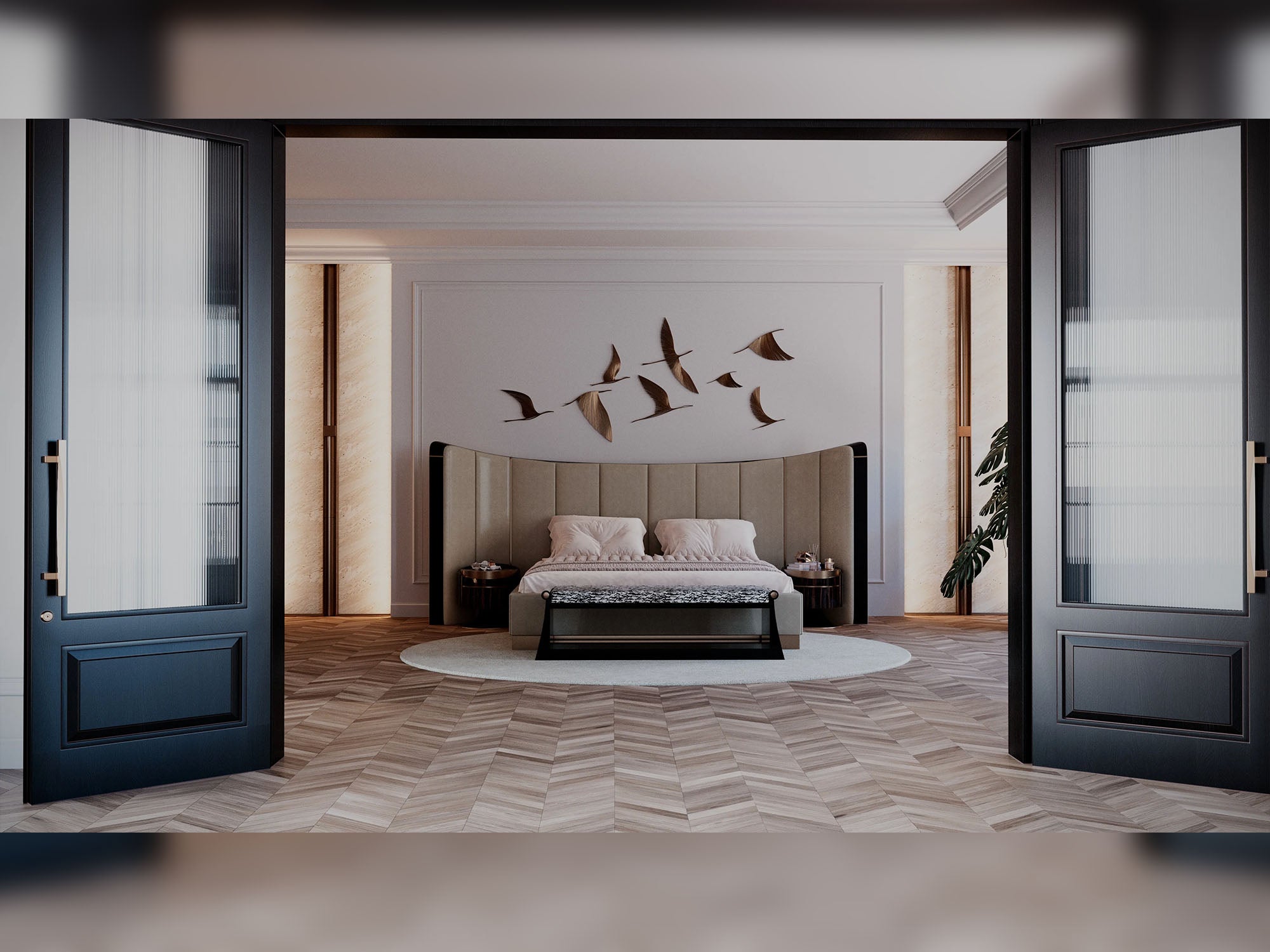 Anka Bedroom (Queen Frame With Headboard & Dresser With Mirror & 2 Nightstand & Bench)