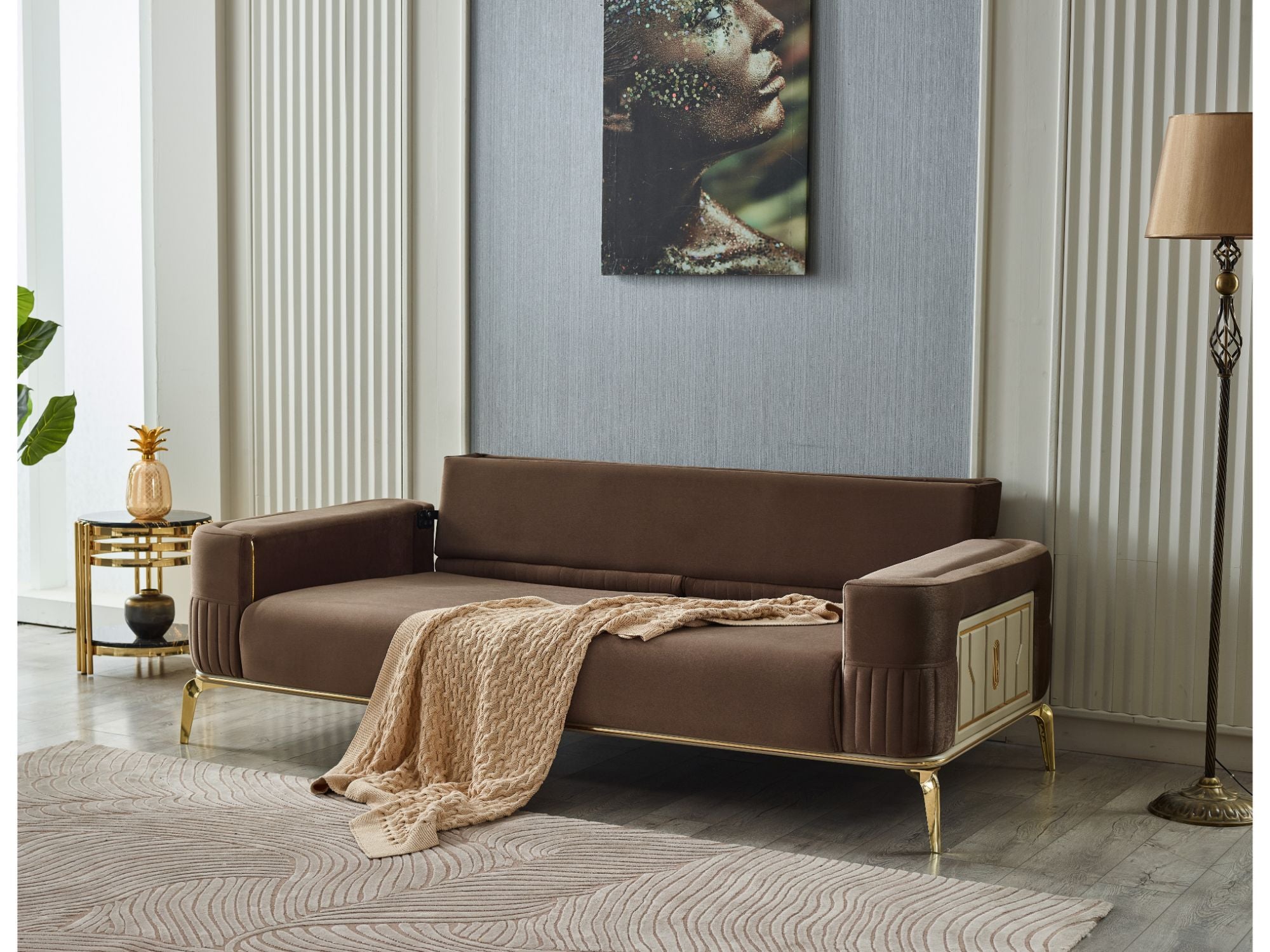 Armoni Convertible Sofa Brown With Gold Legs