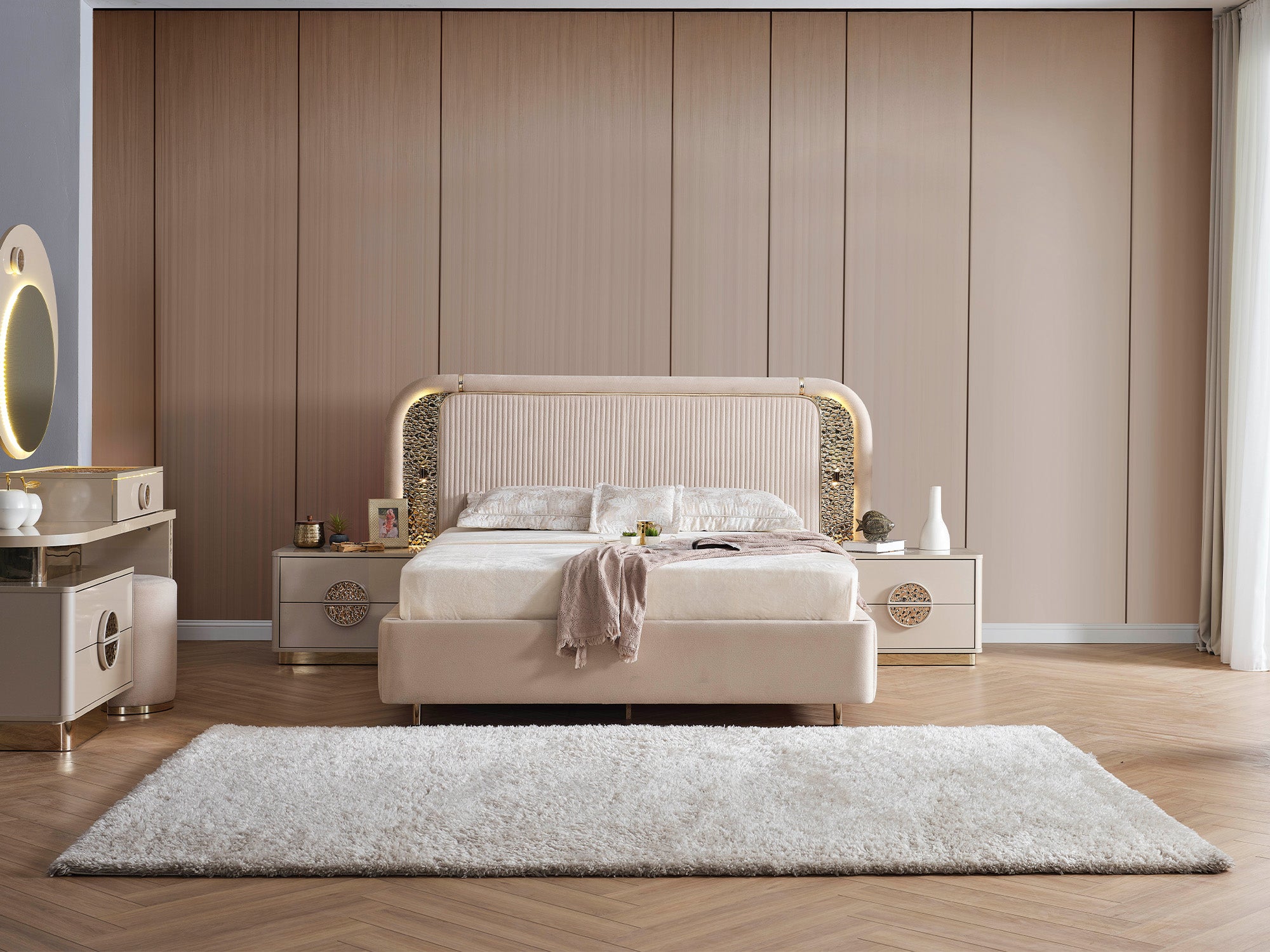 Armoni Elf Bedroom (Queen Frame With Headboard & Dresser With Mirror & Ottoman & 2 Nightstand)