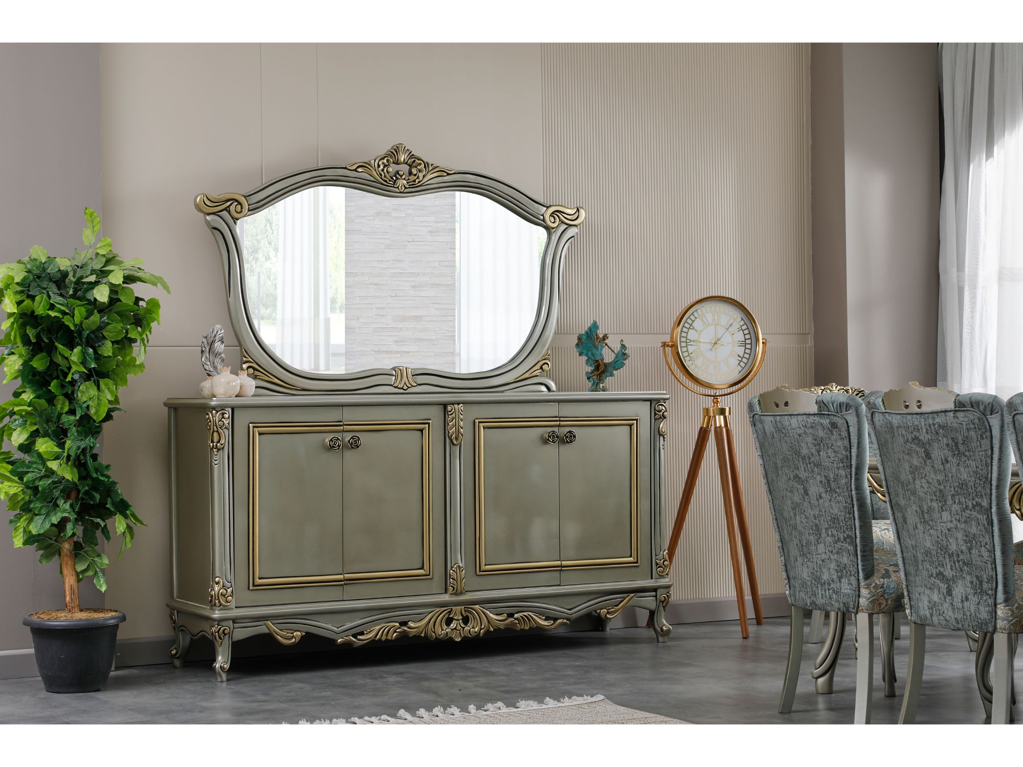 Buse Diningroom (Consol With Mirror & Dining Table & 2 Arm Chair & 4 Chair) Light Green