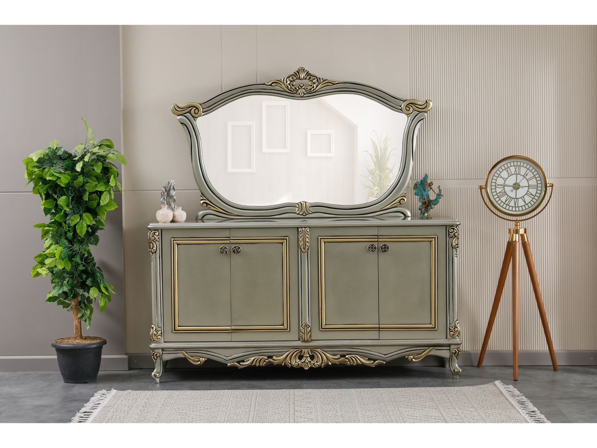 Buse Diningroom (Consol With Mirror & Dining Table & 2 Arm Chair & 4 Chair) Light Green