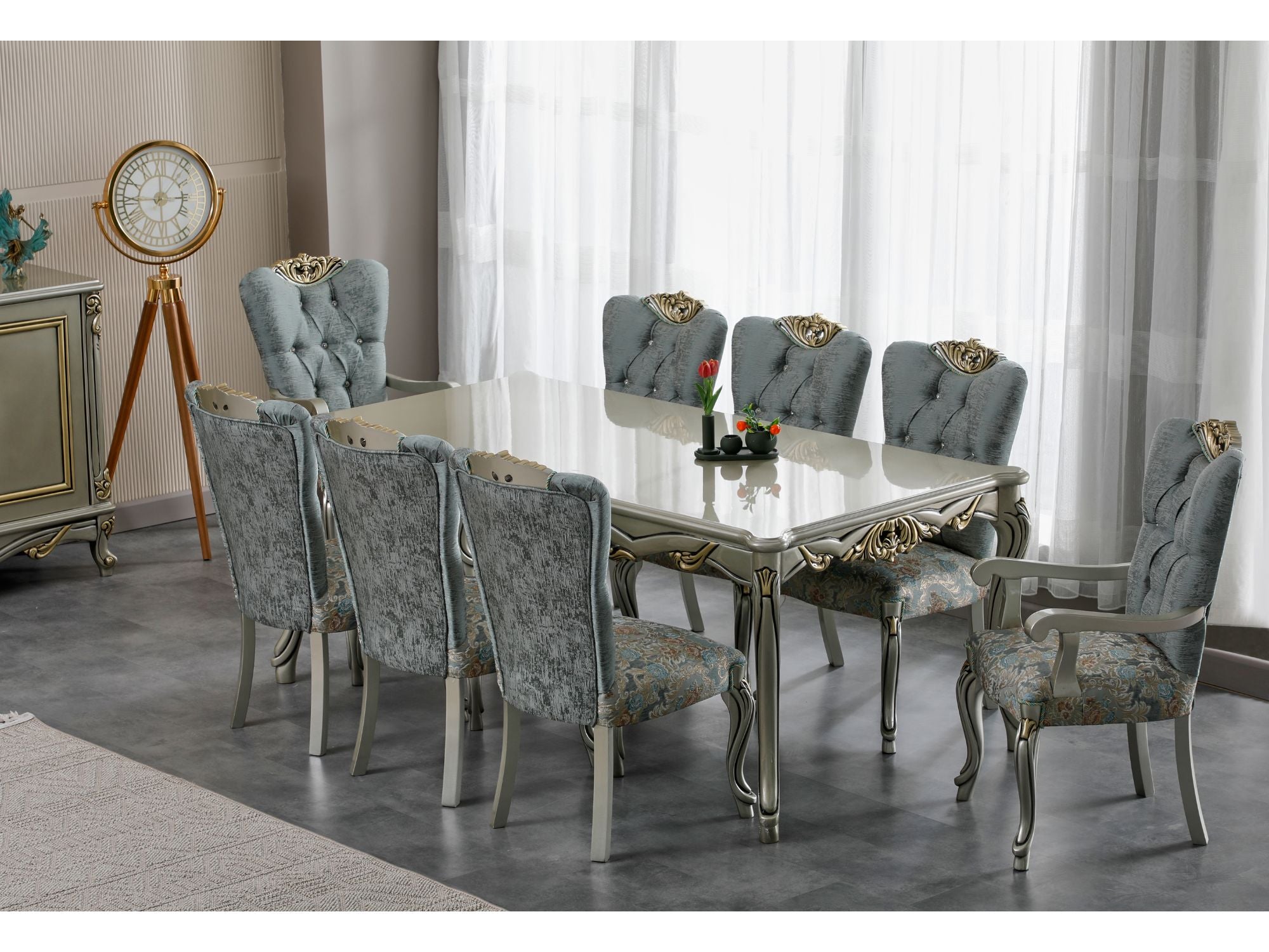 Buse Diningroom (Consol With Mirror & Dining Table & 2 Arm Chair & 4 Chair) Light Green