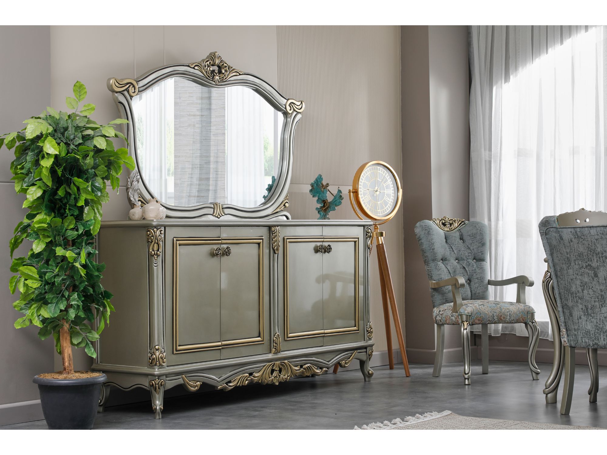 Buse Diningroom (Consol With Mirror & Dining Table & 2 Arm Chair & 4 Chair) Light Green