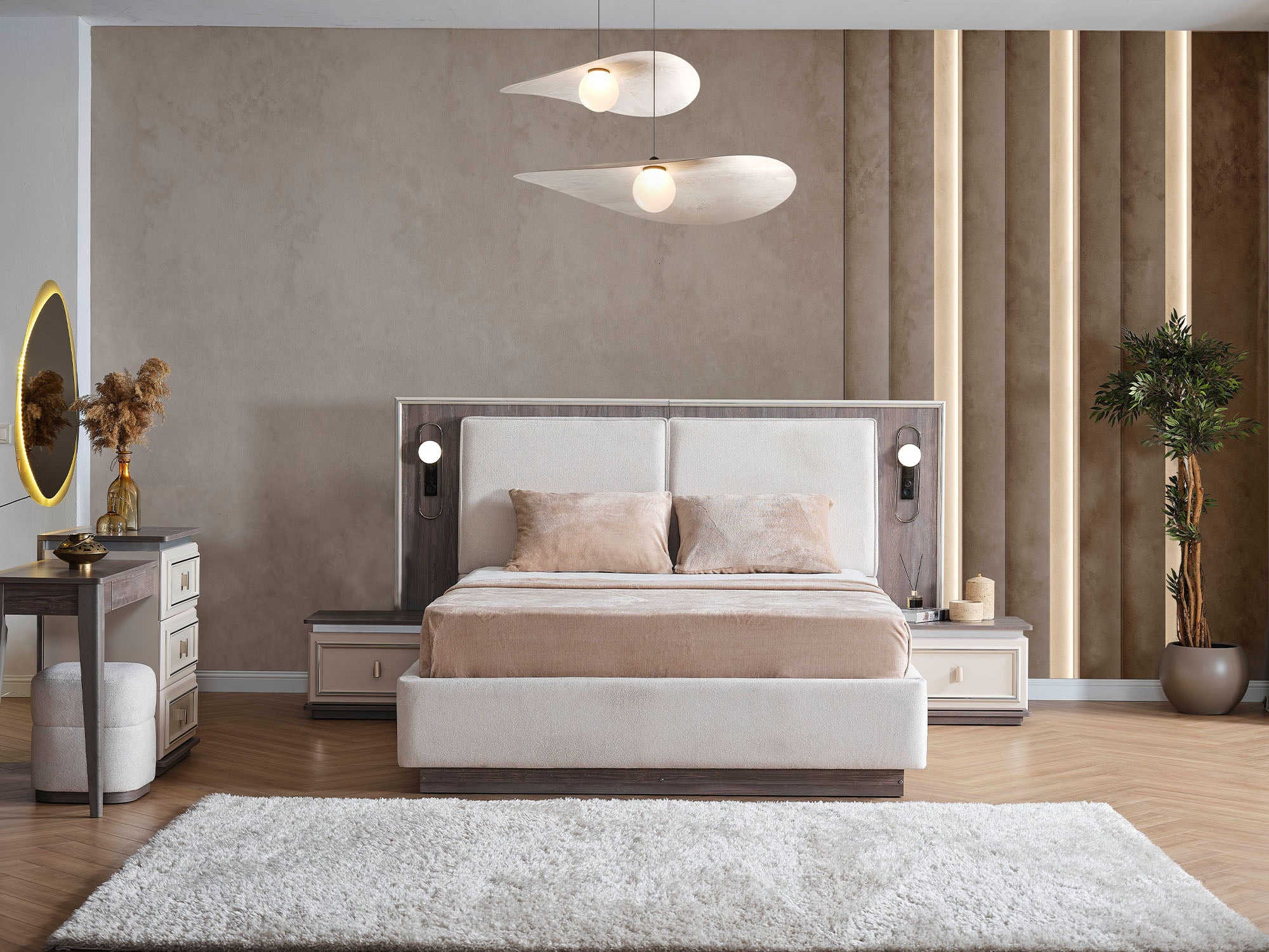 Carmen Bedroom (Queen Frame With Headboard & Dresser With Mirror & Ottoman & 2 Nightstand)