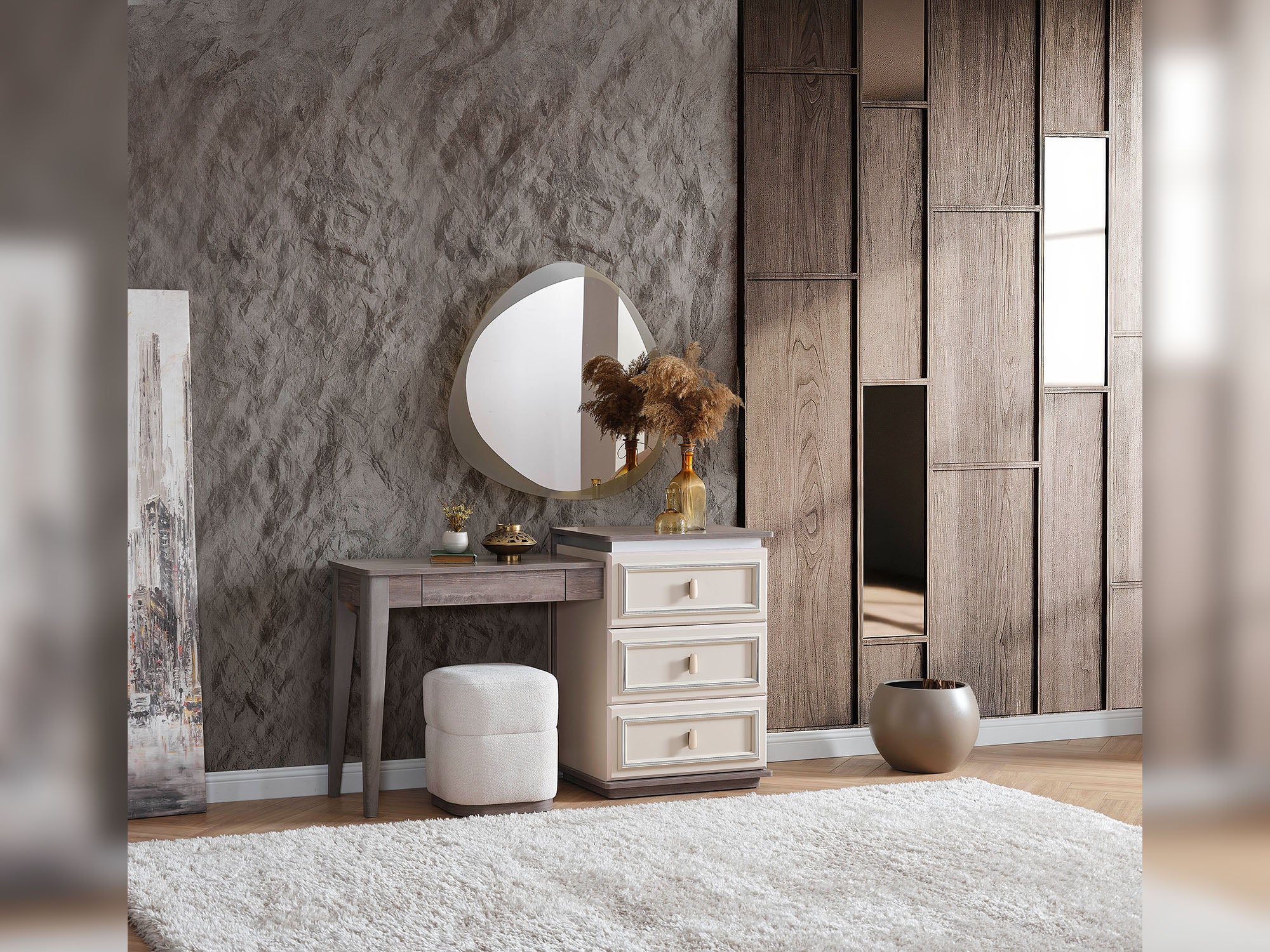 Carmen Bedroom (Queen Frame With Headboard & Dresser With Mirror & Ottoman & 2 Nightstand)