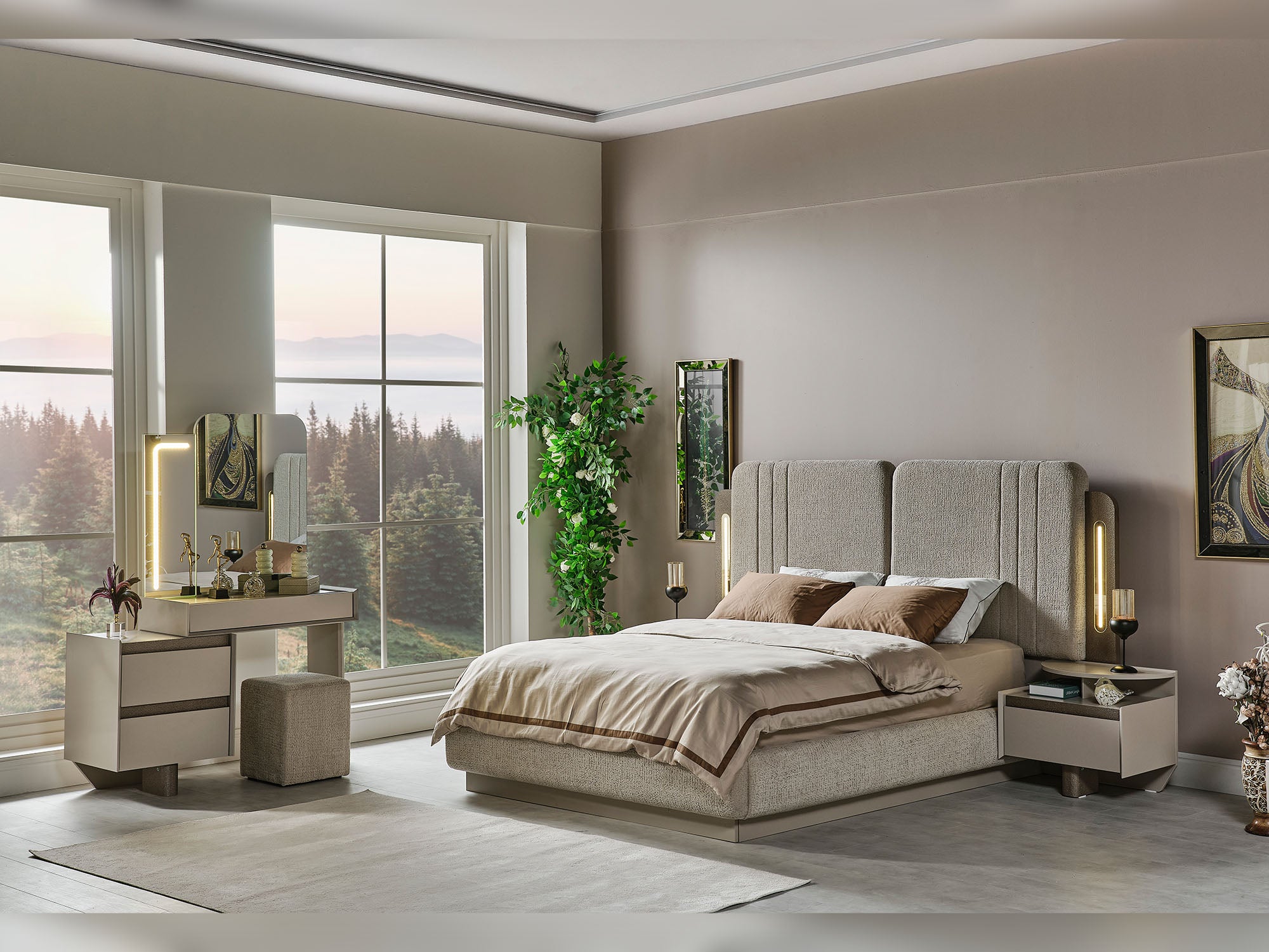 Efes Mum Bedroom (Queen Frame With Headboard & Dresser With Mirror & Ottoman & 2 Nightstand)