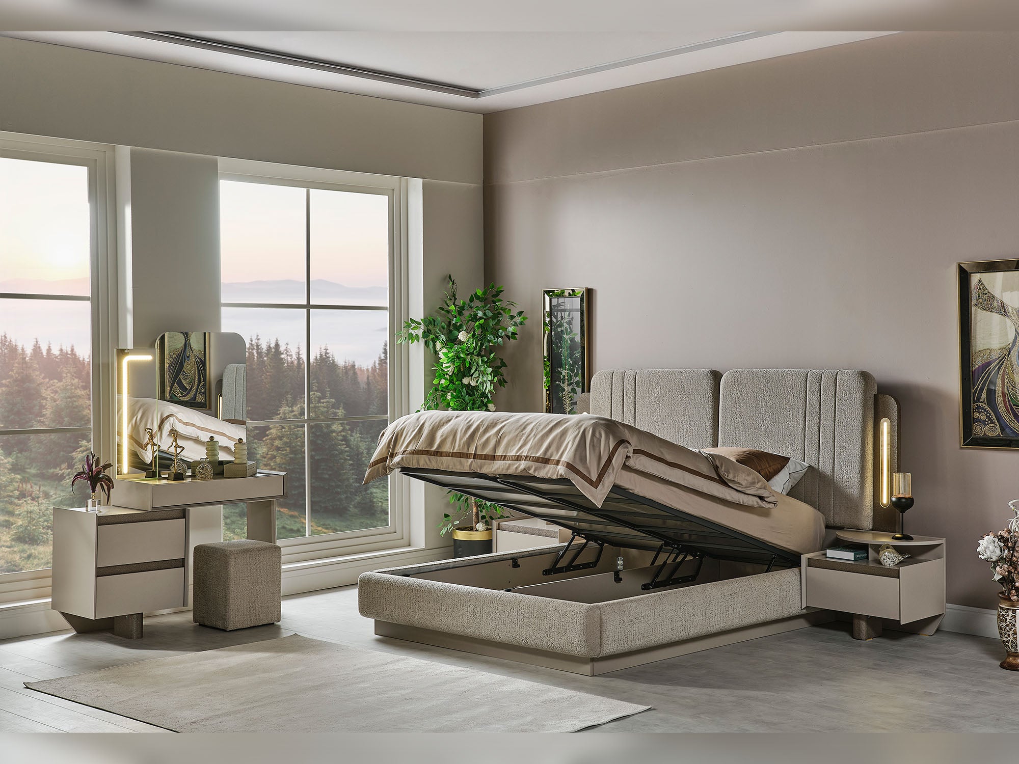 Efes Mum Bedroom (Queen Frame With Headboard & Dresser With Mirror & Ottoman & 2 Nightstand)