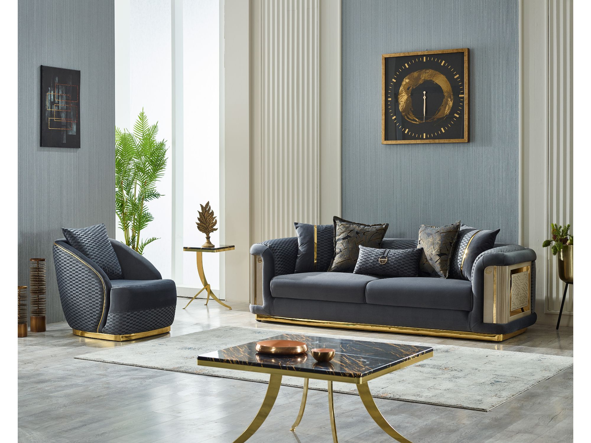 Elegance 3-pieces (Sofa & Loveseat & Chair) Livingroom Set Dark Grey