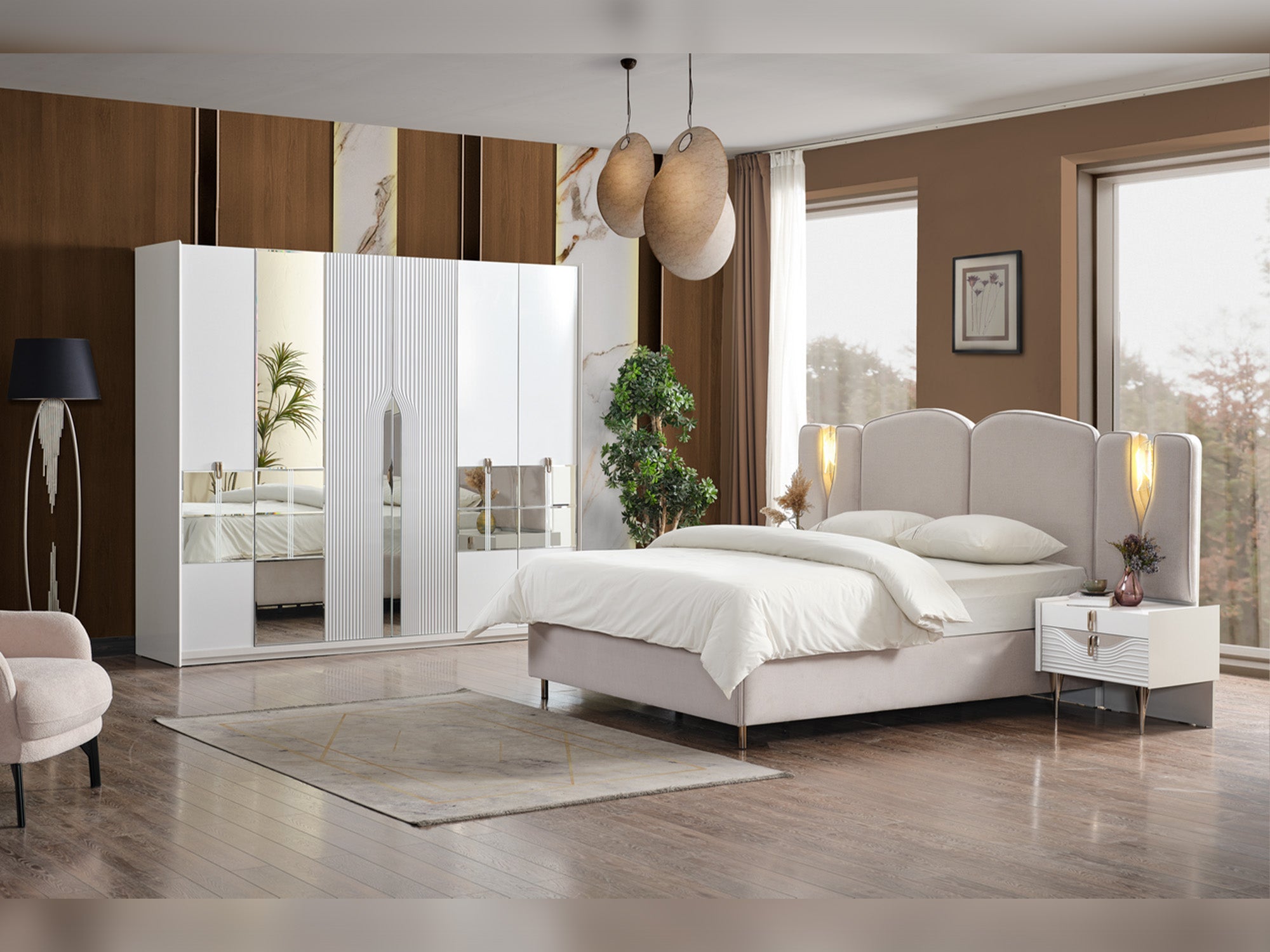 Esperanza Bedroom (Queen Frame With Headboard & Dresser With Mirror & Ottoman & 2 Nightstand)