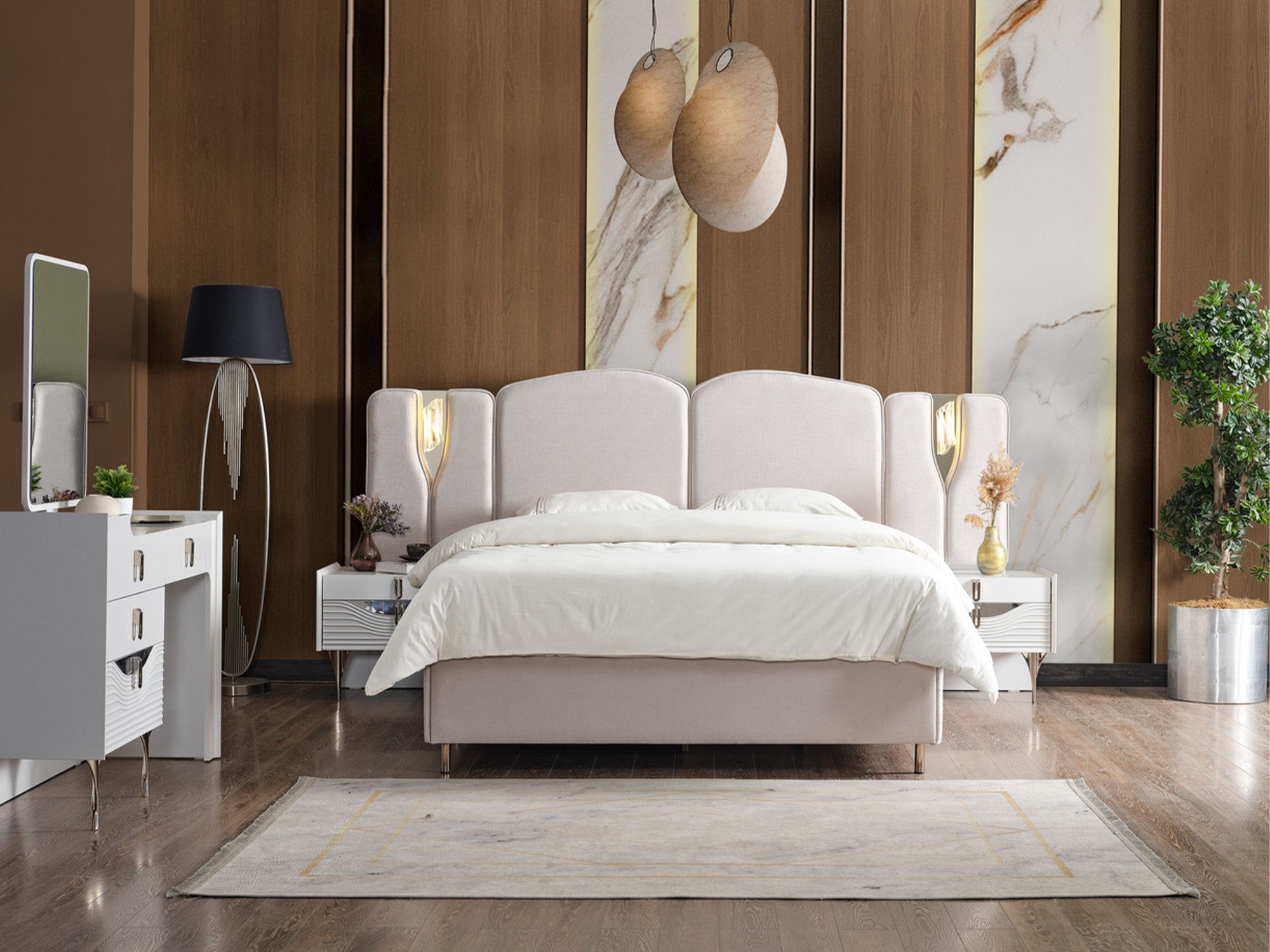 Esperanza Bedroom (Queen Frame With Headboard & Dresser With Mirror & Ottoman & 2 Nightstand)