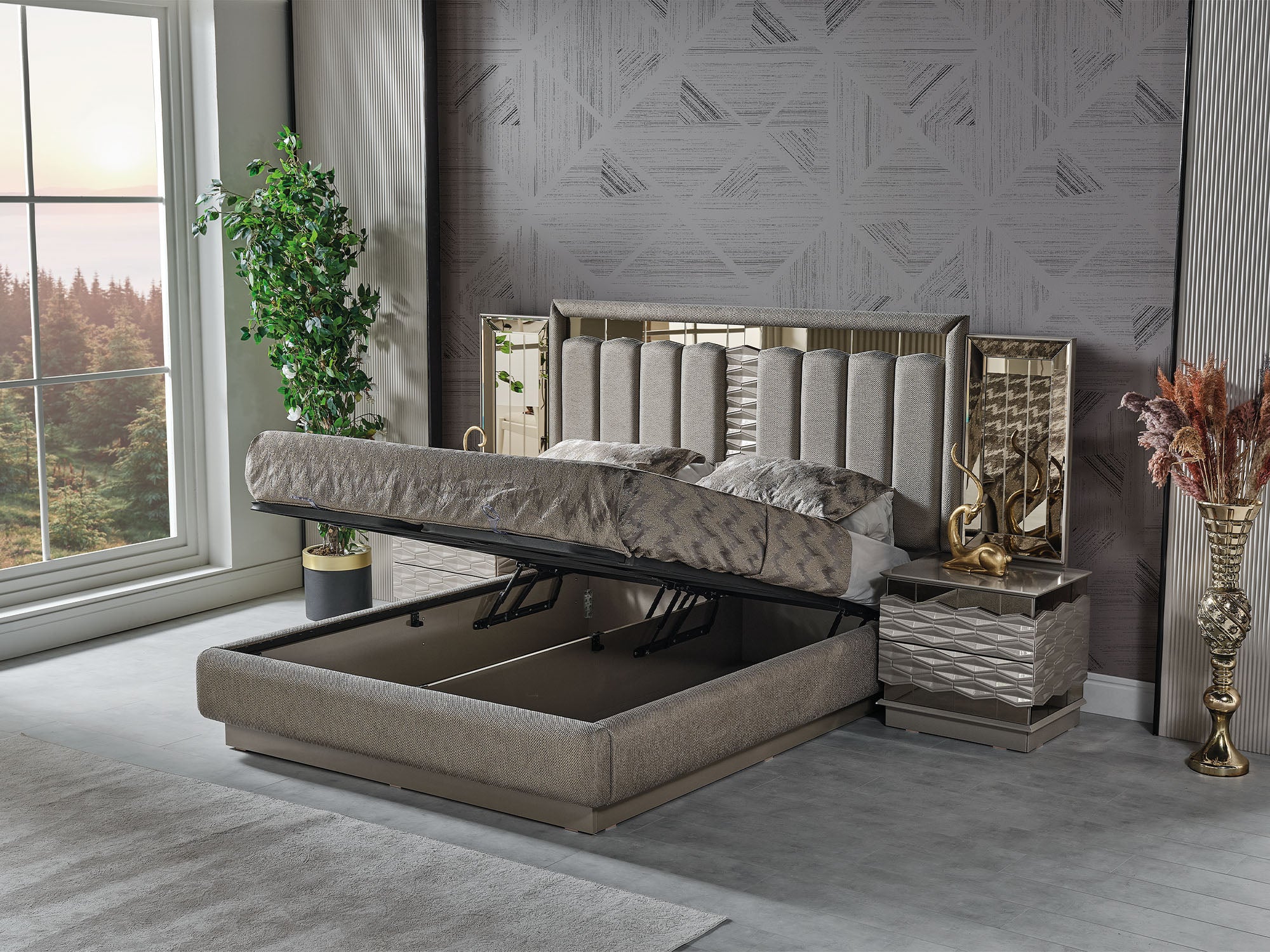 Gokce Bedroom (Queen Frame With Headboard & Dresser With Mirror & Ottoman & 2 Nightstand)