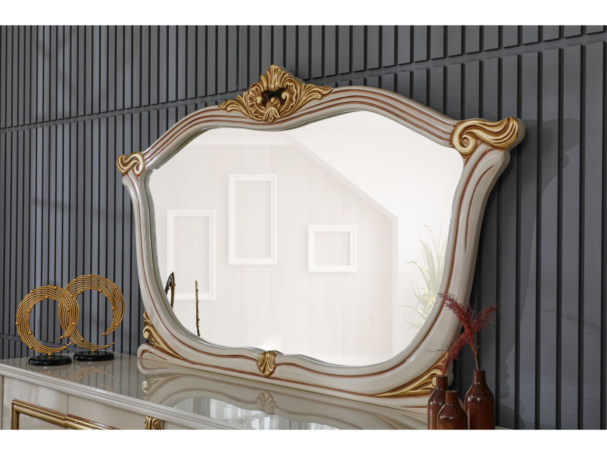 Buse Diningroom (Consol With Mirror & Dining Table & 2 Arm Chair & 4 Chair) Cream