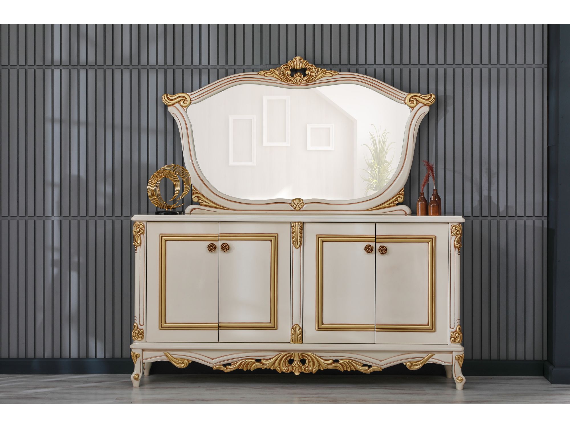 Buse Diningroom (Consol With Mirror & Dining Table & 2 Arm Chair & 4 Chair) Cream