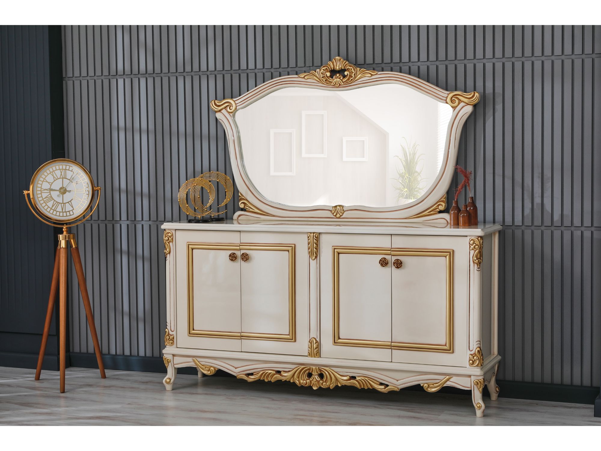 Buse Diningroom (Consol With Mirror & Dining Table & 2 Arm Chair & 4 Chair) Cream