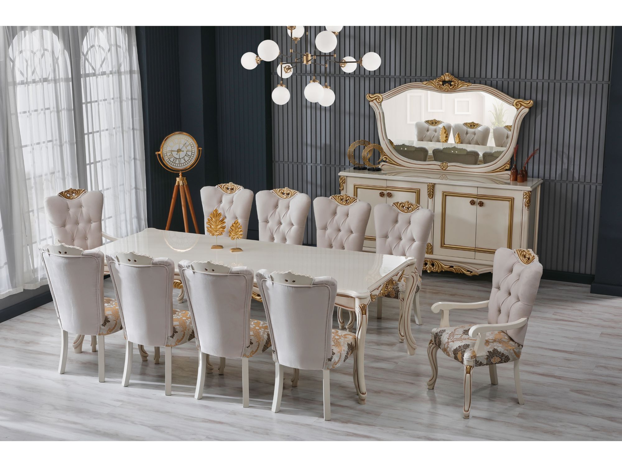 Buse Diningroom (Consol With Mirror & Dining Table & 2 Arm Chair & 4 Chair) Cream