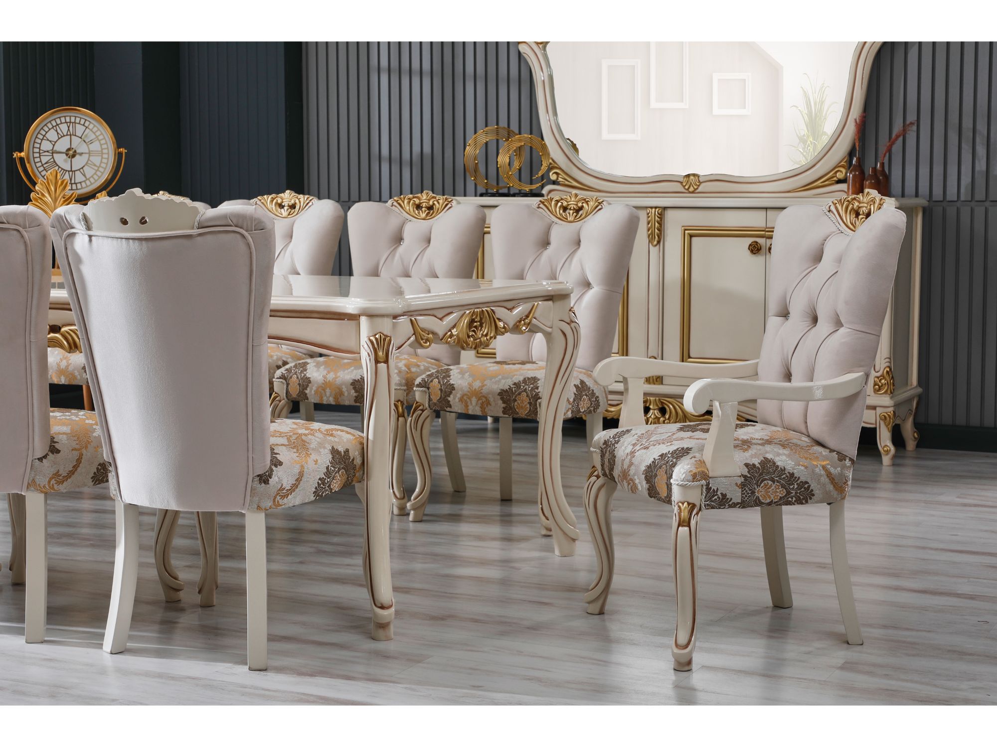 Buse Diningroom (Consol With Mirror & Dining Table & 2 Arm Chair & 4 Chair) Cream