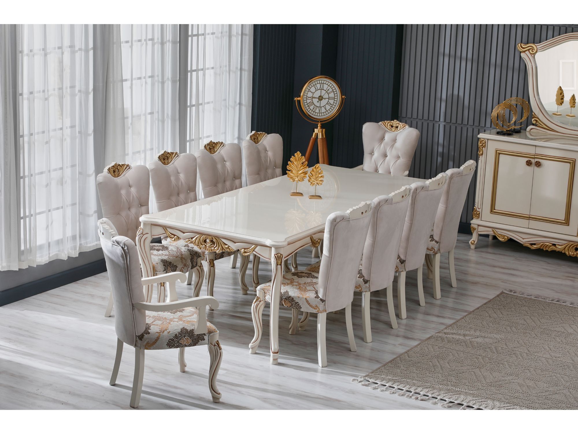 Buse Diningroom (Consol With Mirror & Dining Table & 2 Arm Chair & 4 Chair) Cream