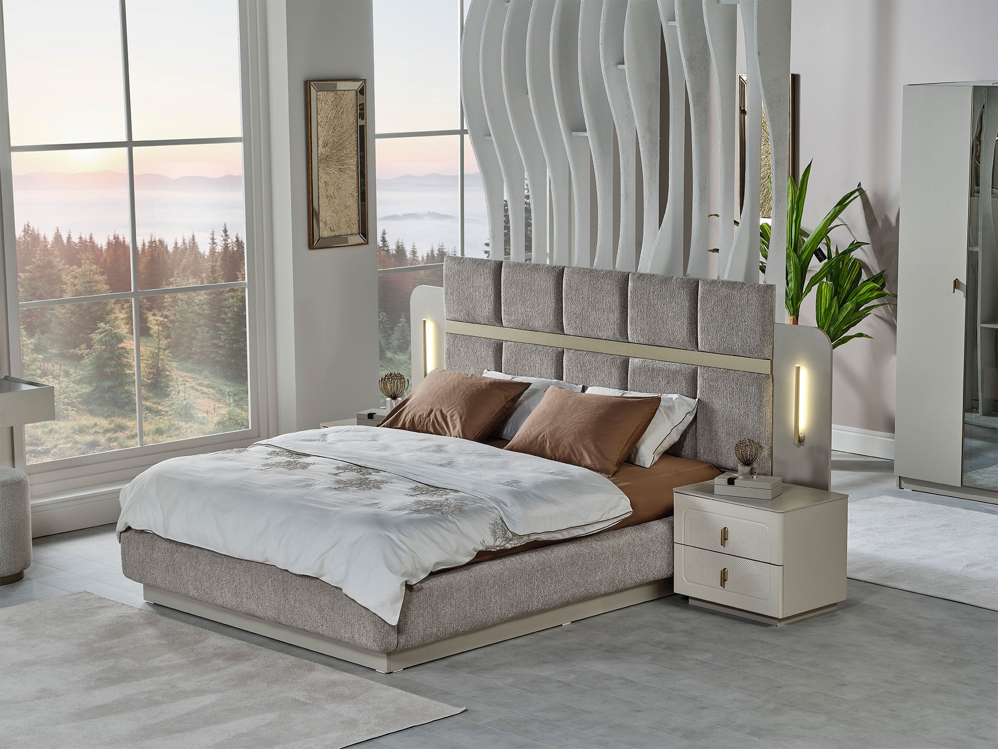 Hisar Bedroom (Queen Frame With Headboard & Dresser With Mirror & Ottoman & 2 Nightstand)