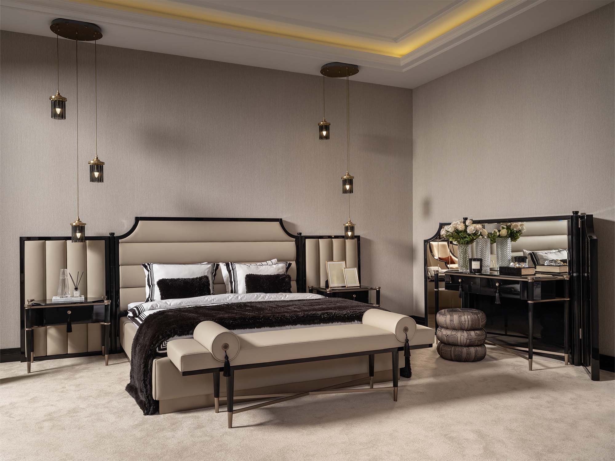 Istanbul Bedroom (Queen Frame With Headboard & Dresser With Mirror & Ottoman & 2 Nightstand & Bench)