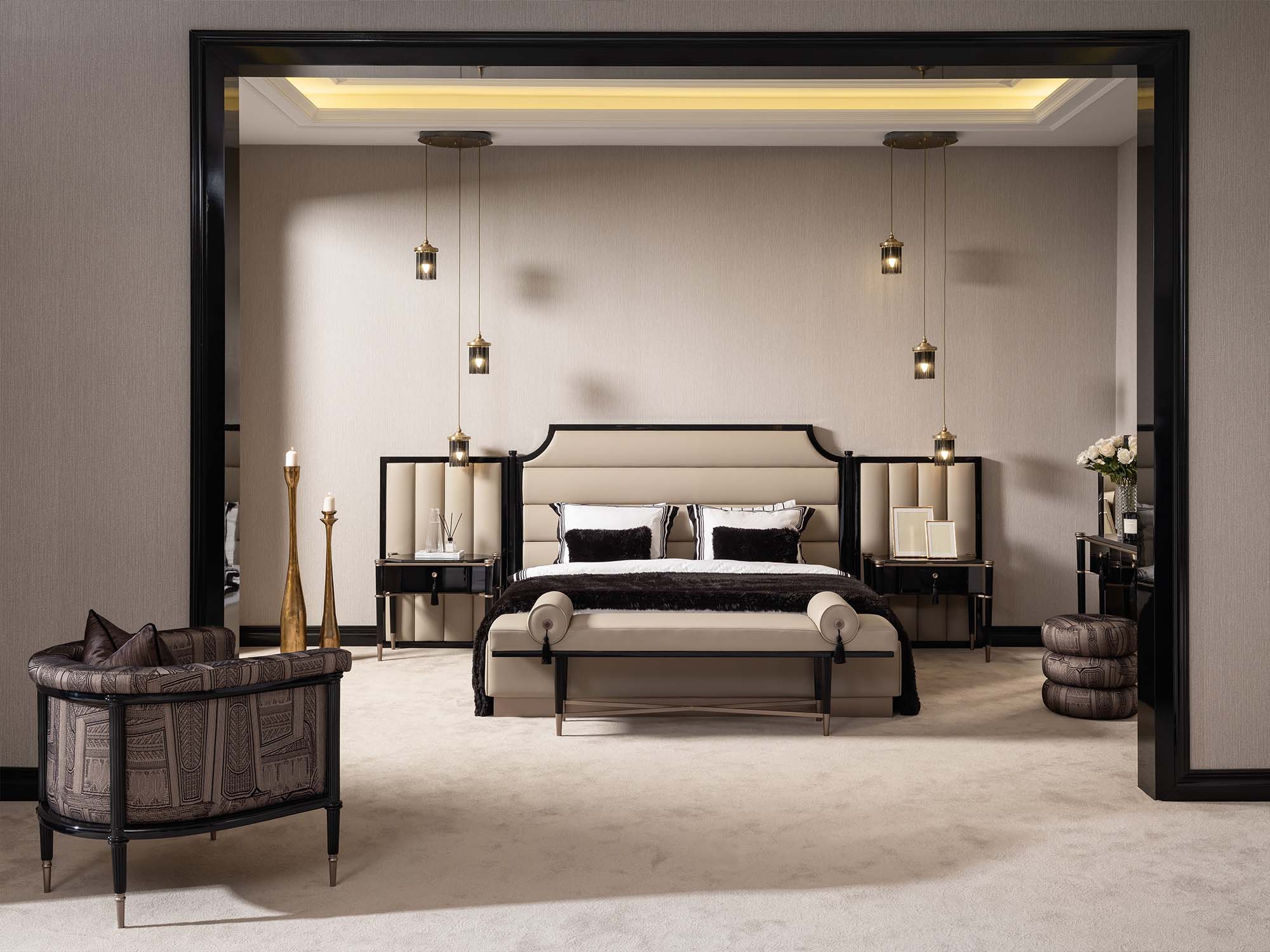 Istanbul Bedroom (Queen Frame With Headboard & Dresser With Mirror & Ottoman & 2 Nightstand & Bench)