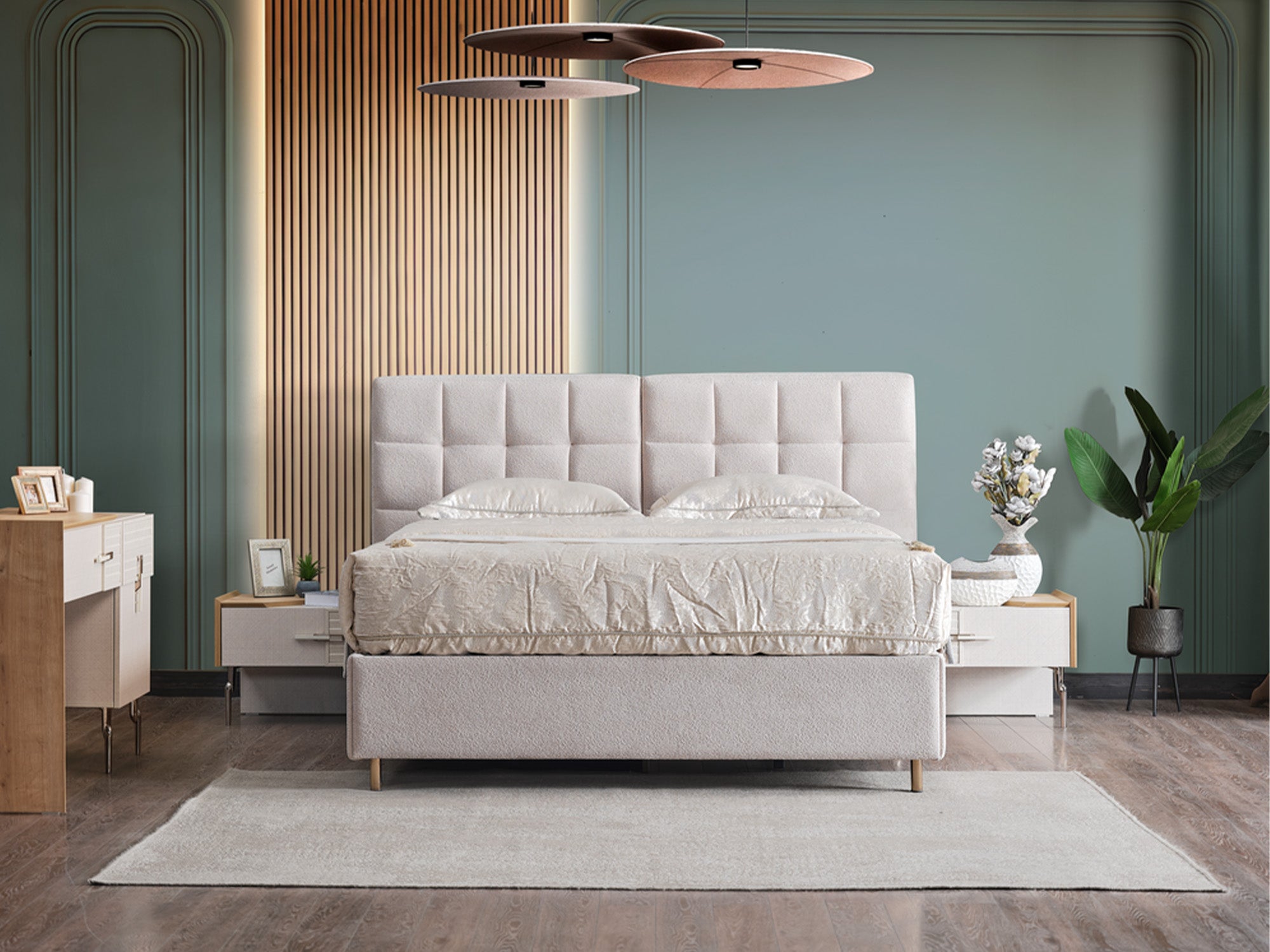 Lugano Bedroom (Queen Frame With Headboard & Dresser With Mirror & Ottoman & 2 Nightstand)