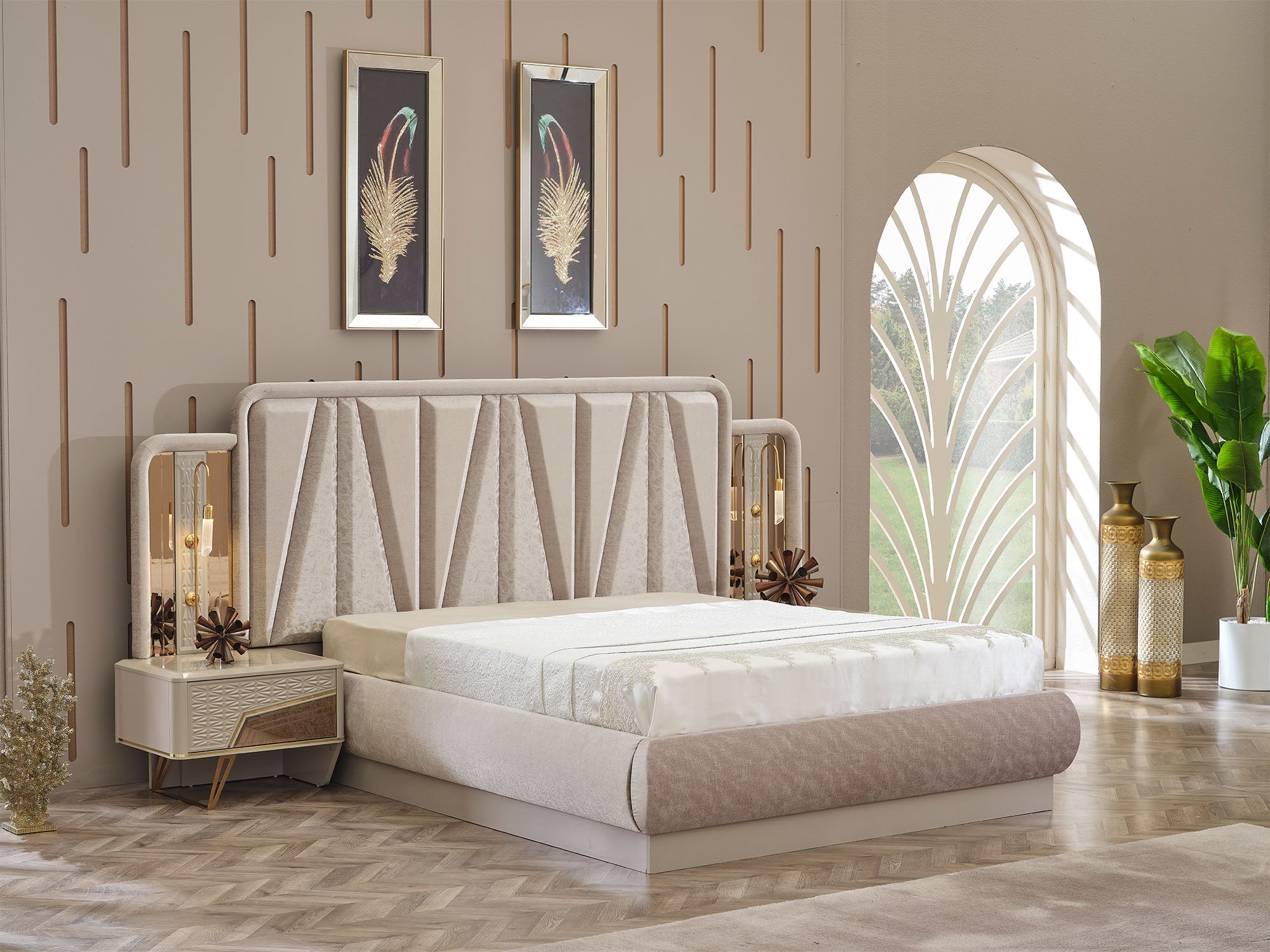 Milano Max Bedroom (Queen Frame With Headboard & Dresser With Mirror & 2 Nightstand)
