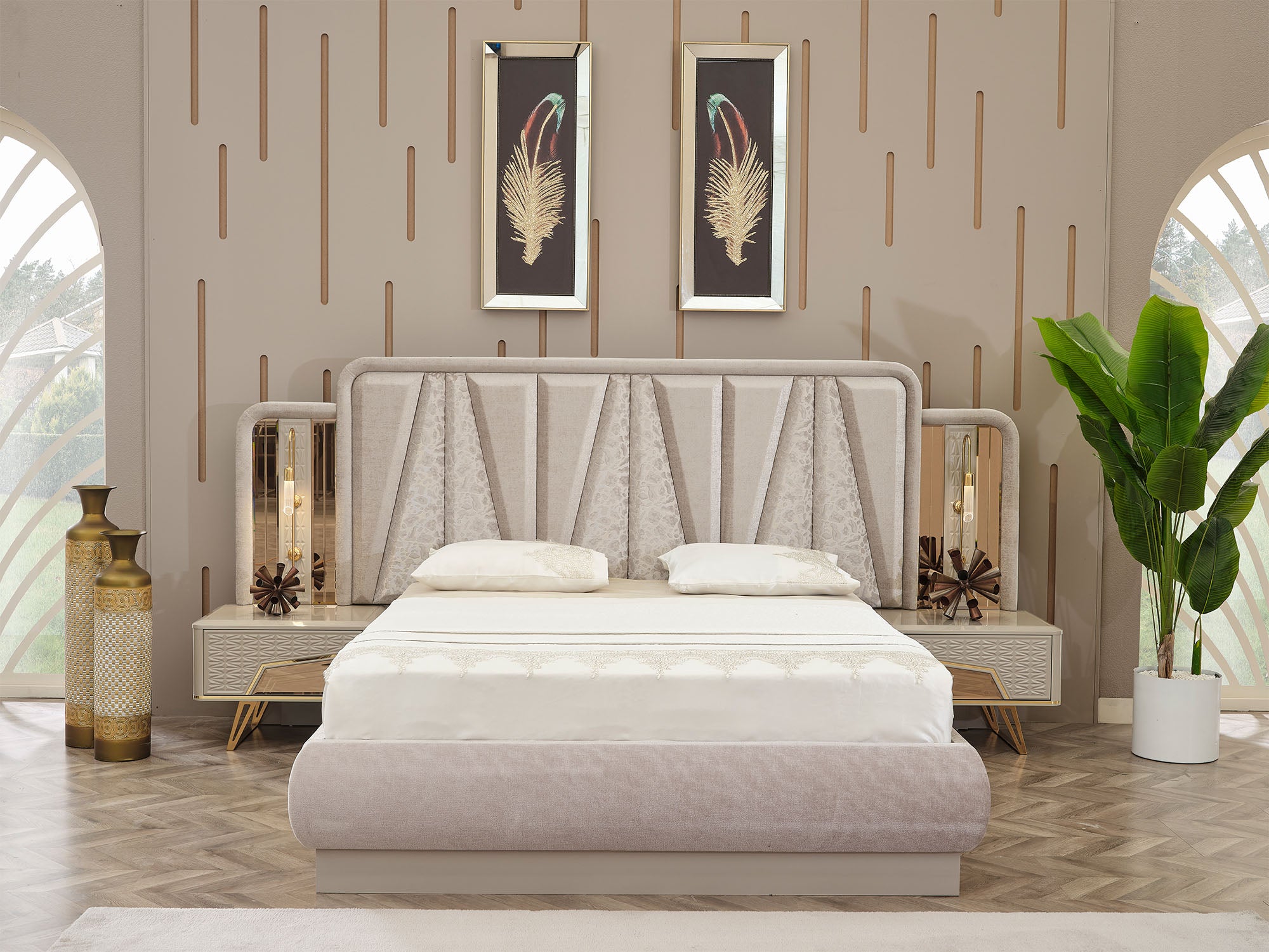 Milano Max Bedroom (Queen Frame With Headboard & Dresser With Mirror & 2 Nightstand)