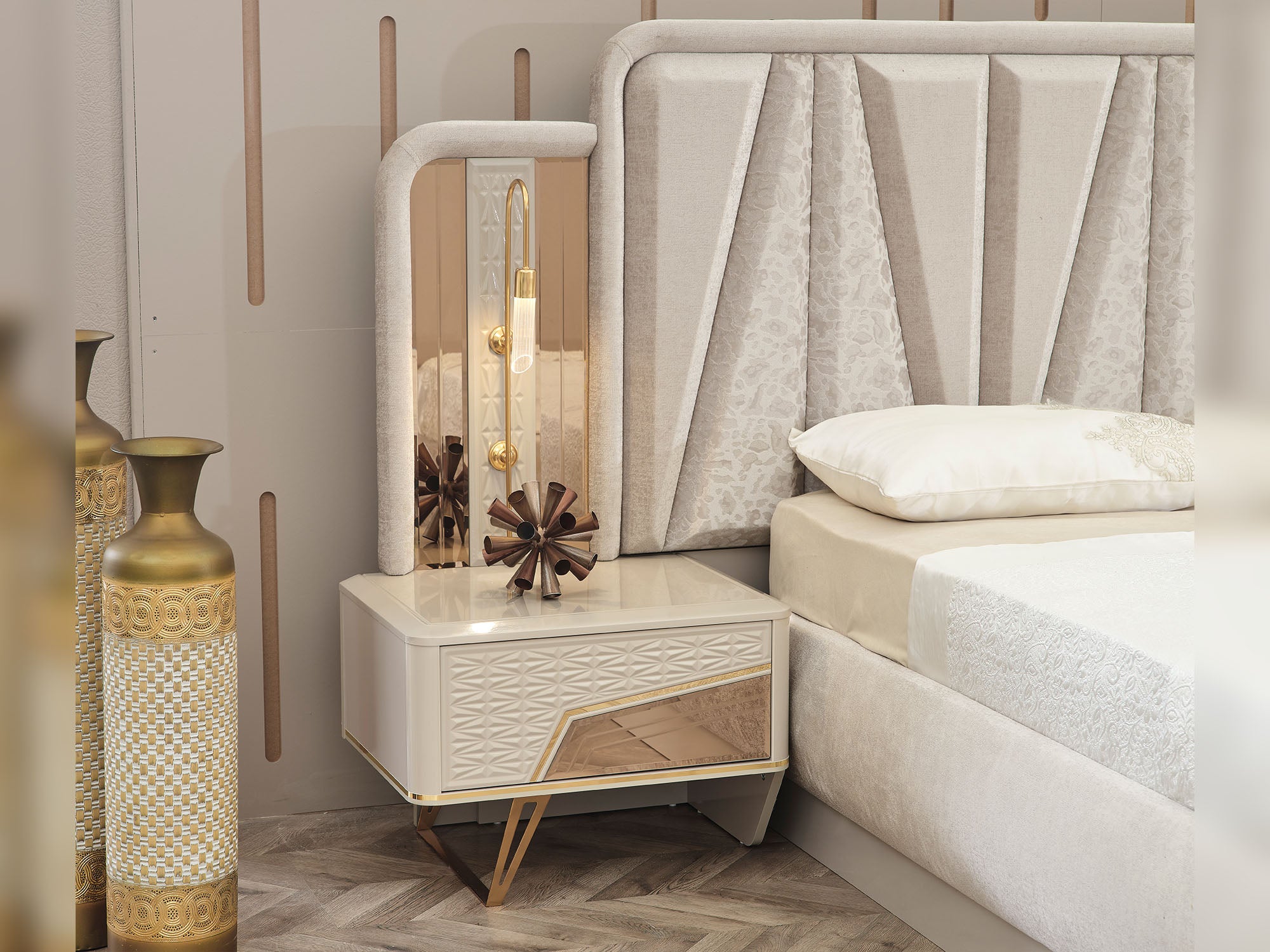 Milano Max Bedroom (Queen Frame With Headboard & Dresser With Mirror & 2 Nightstand)
