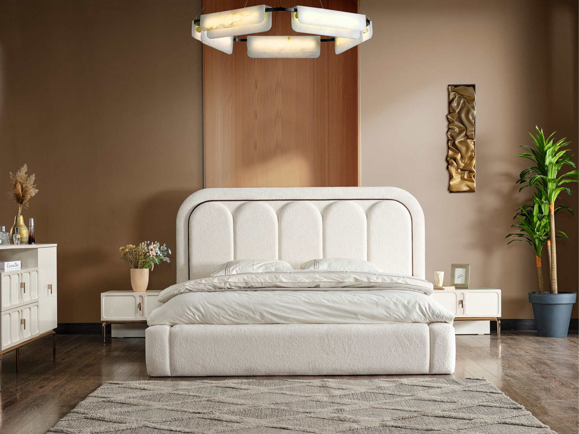 Pamukkale Bedroom (Queen Frame With Headboard & Dresser With Mirror & Ottoman & 2 Nightstand)