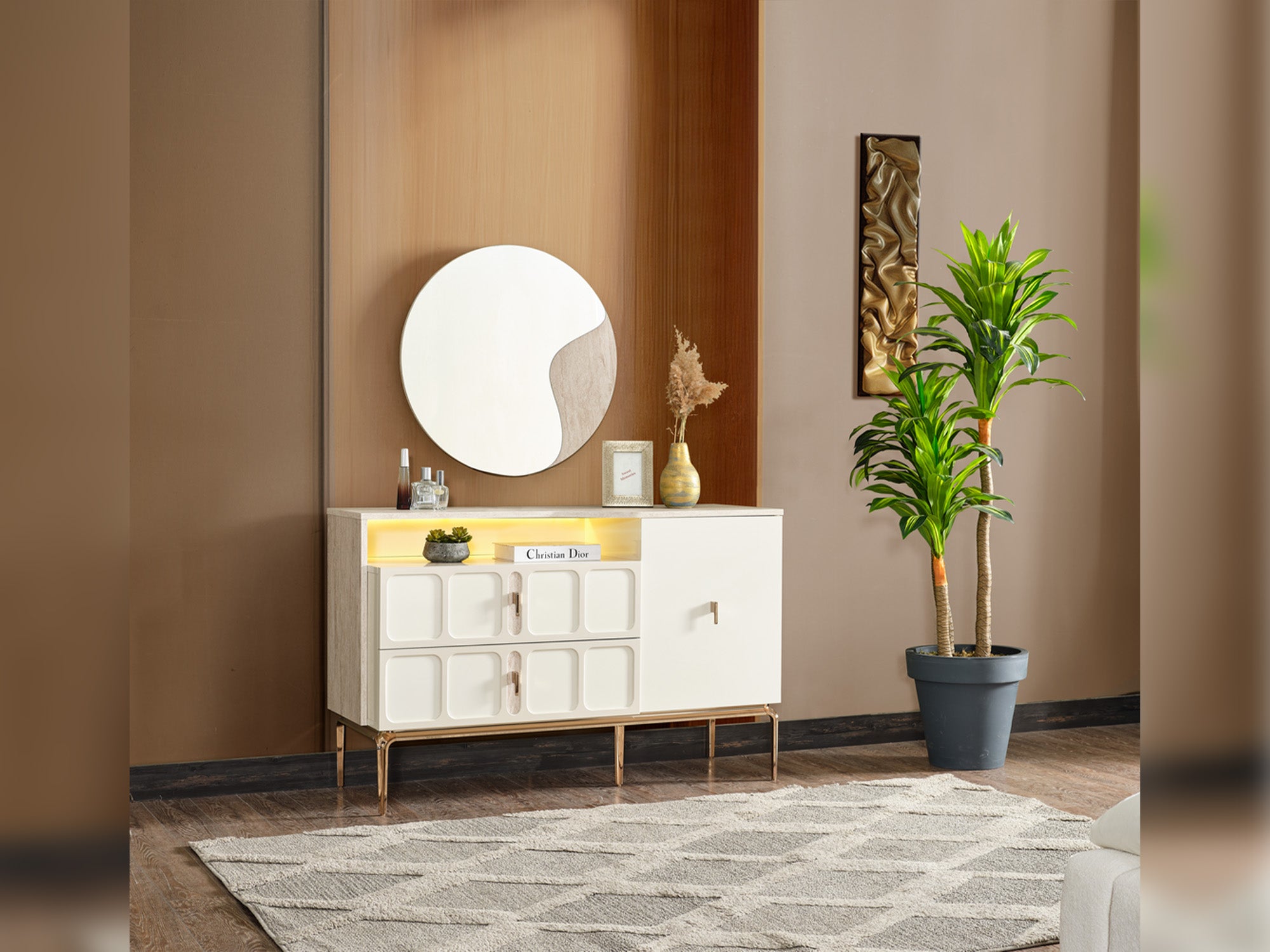 Pamukkale Bedroom (Queen Frame With Headboard & Dresser With Mirror & Ottoman & 2 Nightstand)