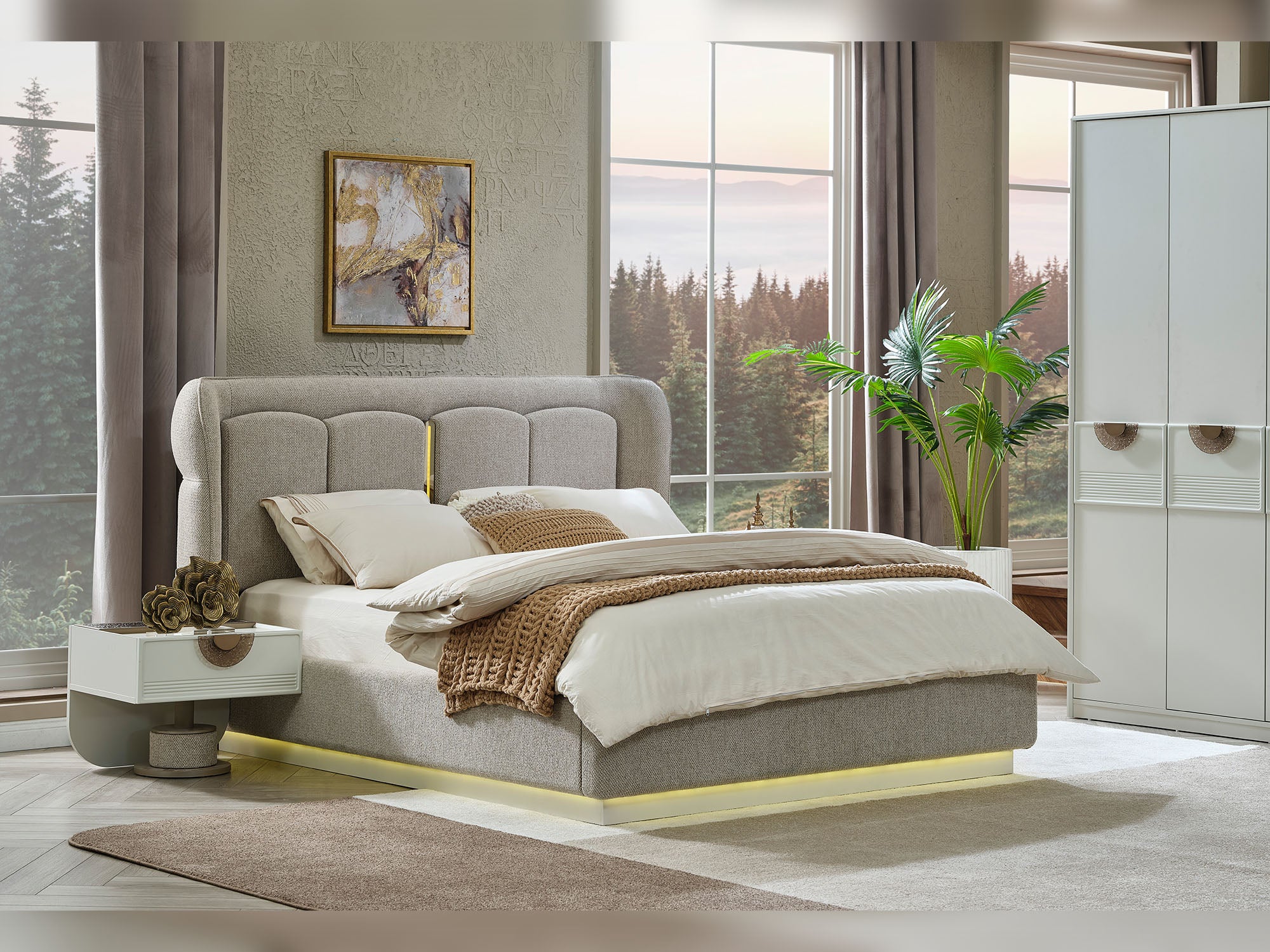Prag Max Bedroom (Queen Frame With Headboard & Dresser With Mirror & Ottoman & 2 Nightstand)