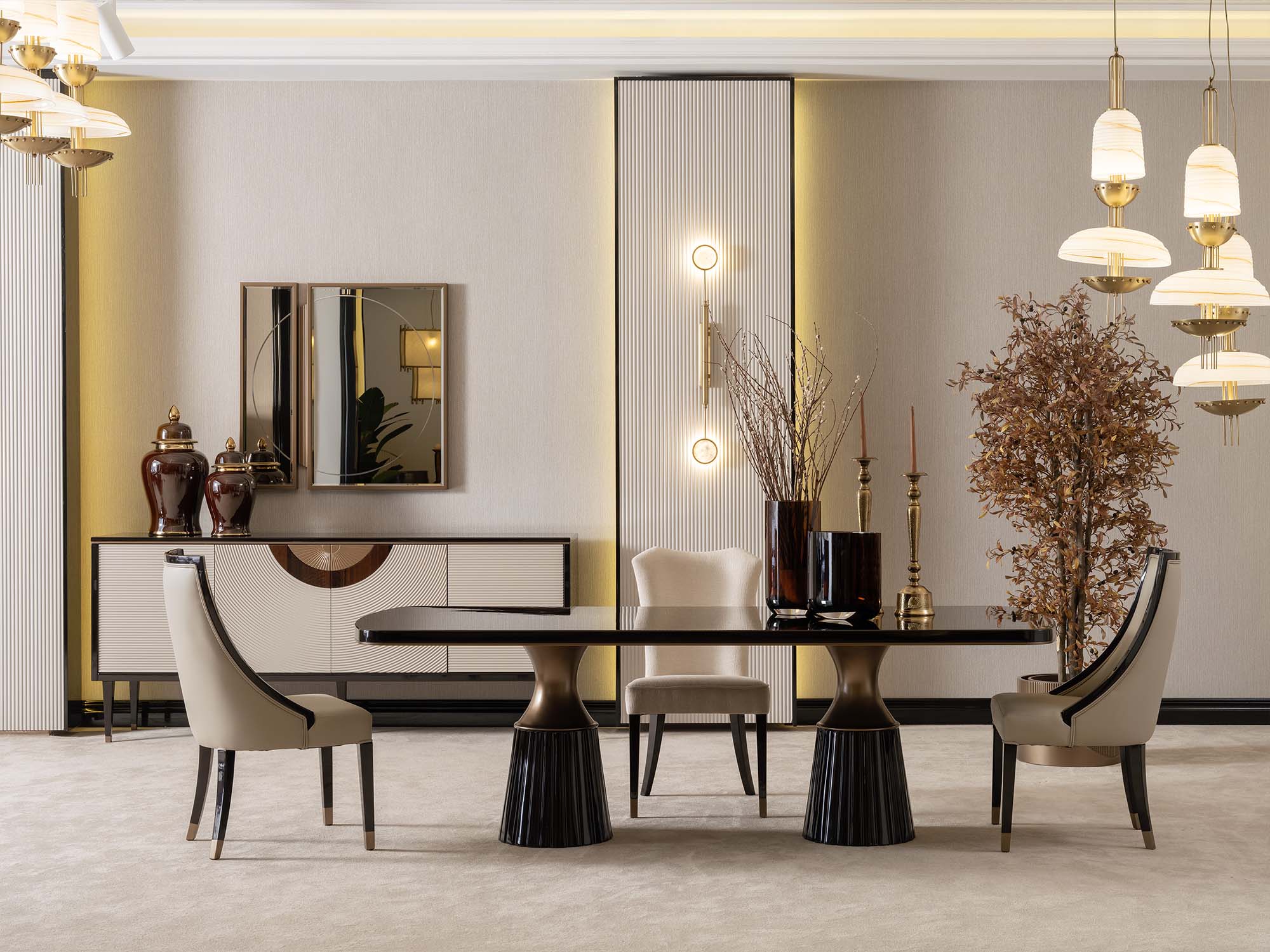 Revora Diningroom (Consol With Mirror & Dining Table & 2 Lux Dining Chair & 2 Dining Chair)