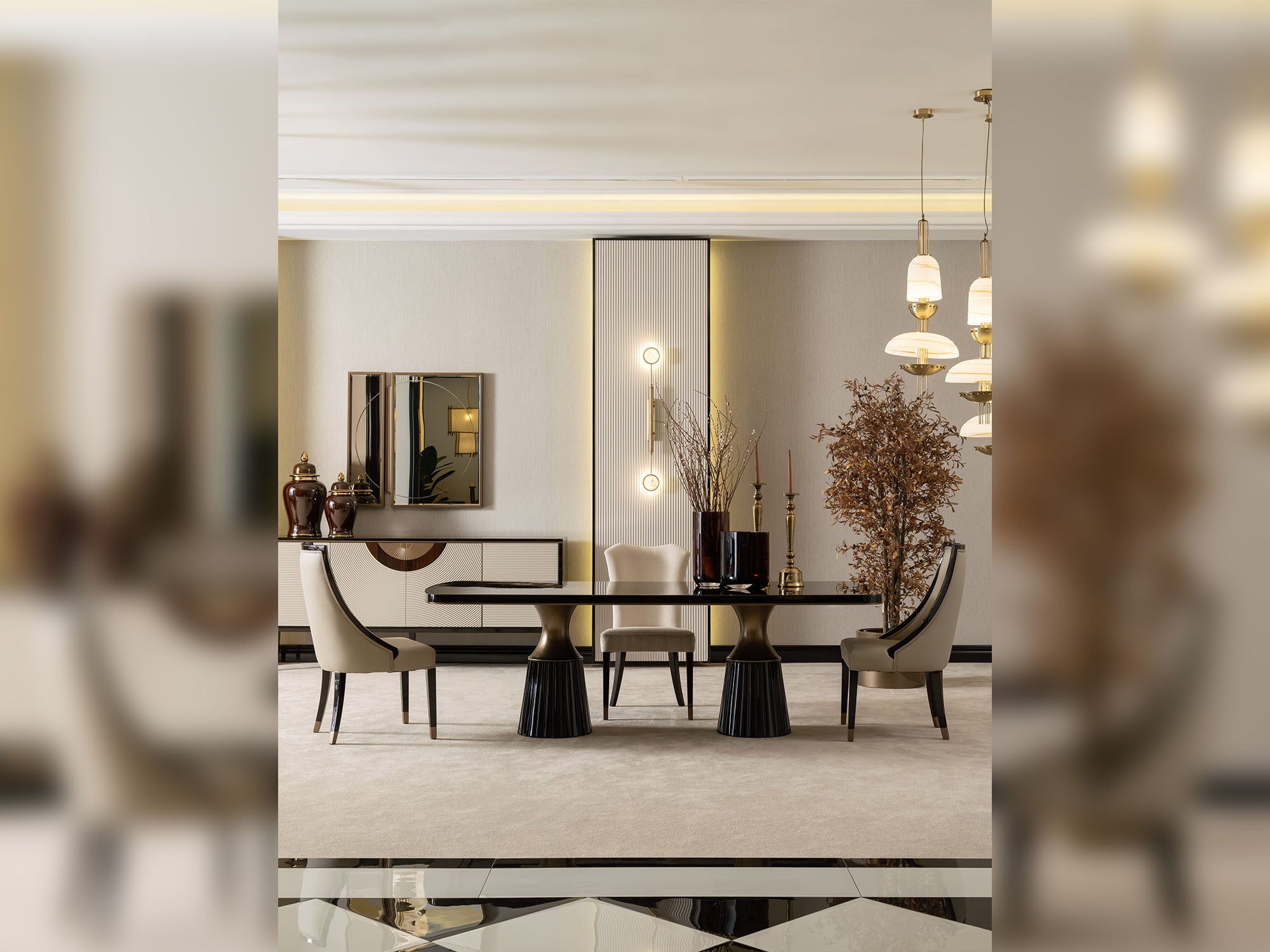 Revora Diningroom (Consol With Mirror & Dining Table & 2 Lux Dining Chair & 2 Dining Chair)