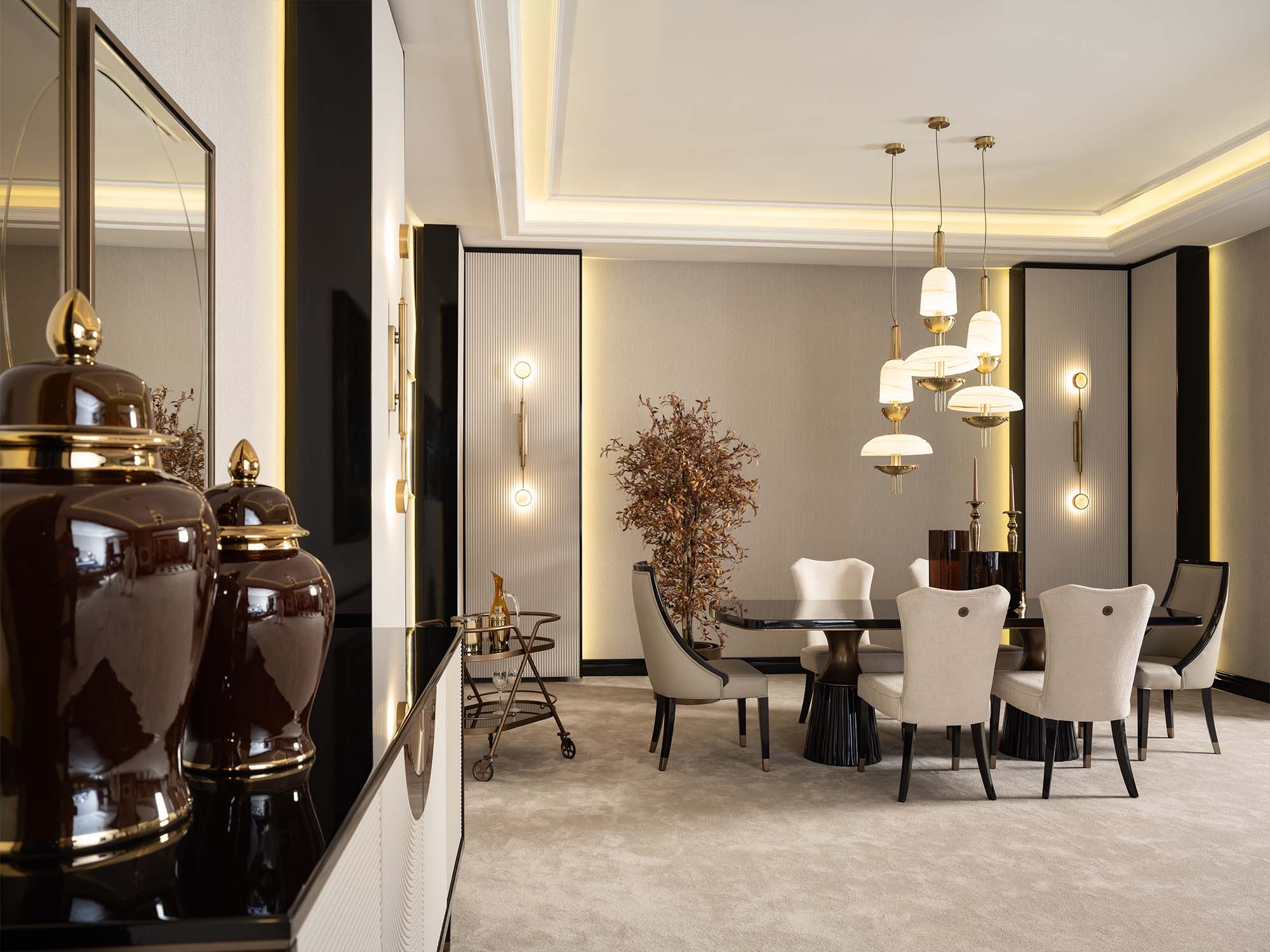 Revora Diningroom (Consol With Mirror & Dining Table & 2 Lux Dining Chair & 2 Dining Chair)