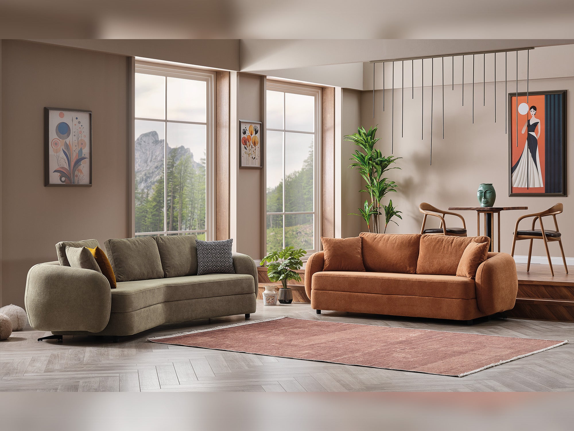 Toscana 4-pieces (4 Seater Sofa & 3 Seater Sofa & 2 Chair) Livingroom Set Orange - Green