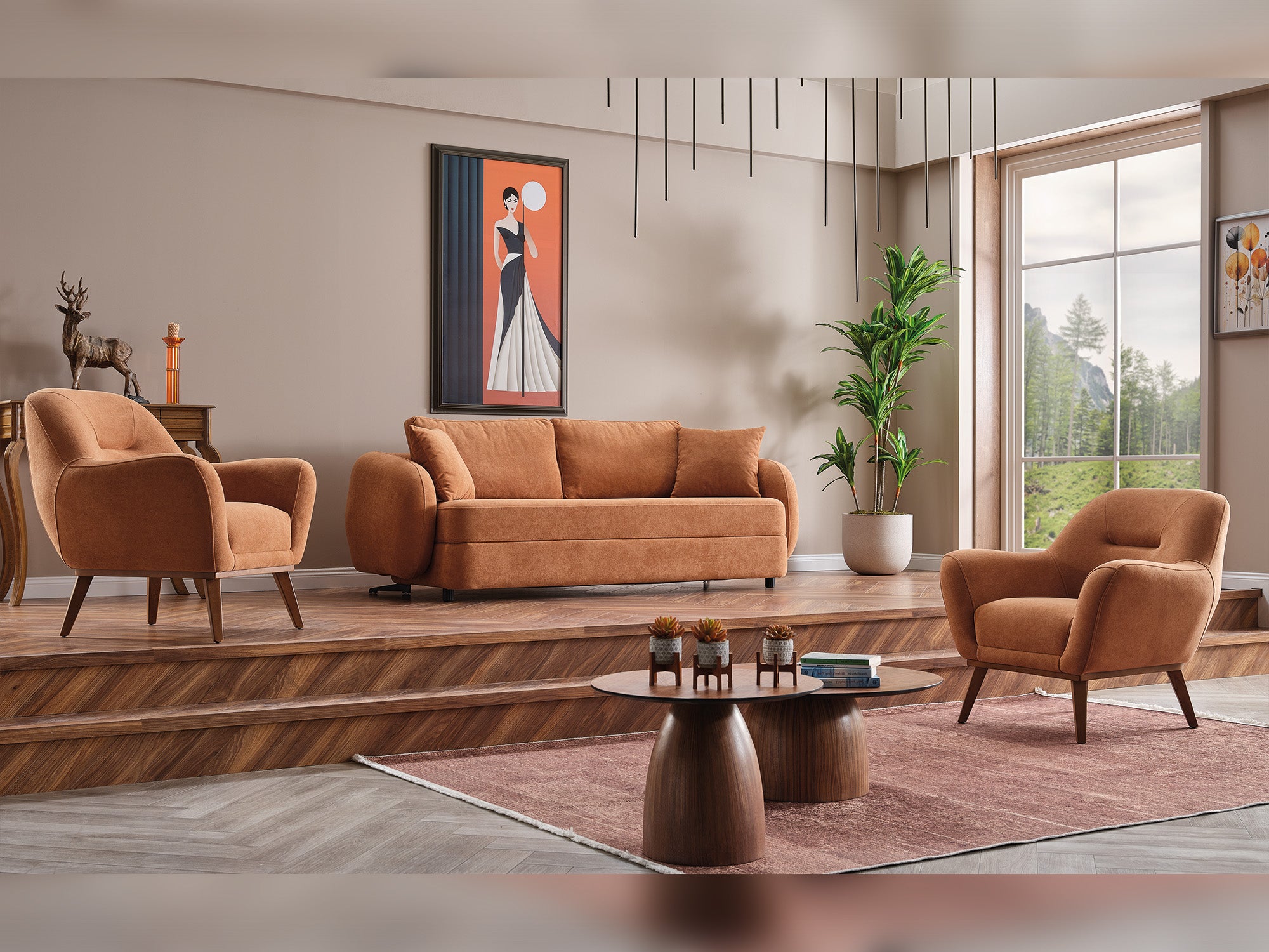 Toscana 4-pieces (4 Seater Sofa & 3 Seater Sofa & 2 Chair) Livingroom Set Orange - Green