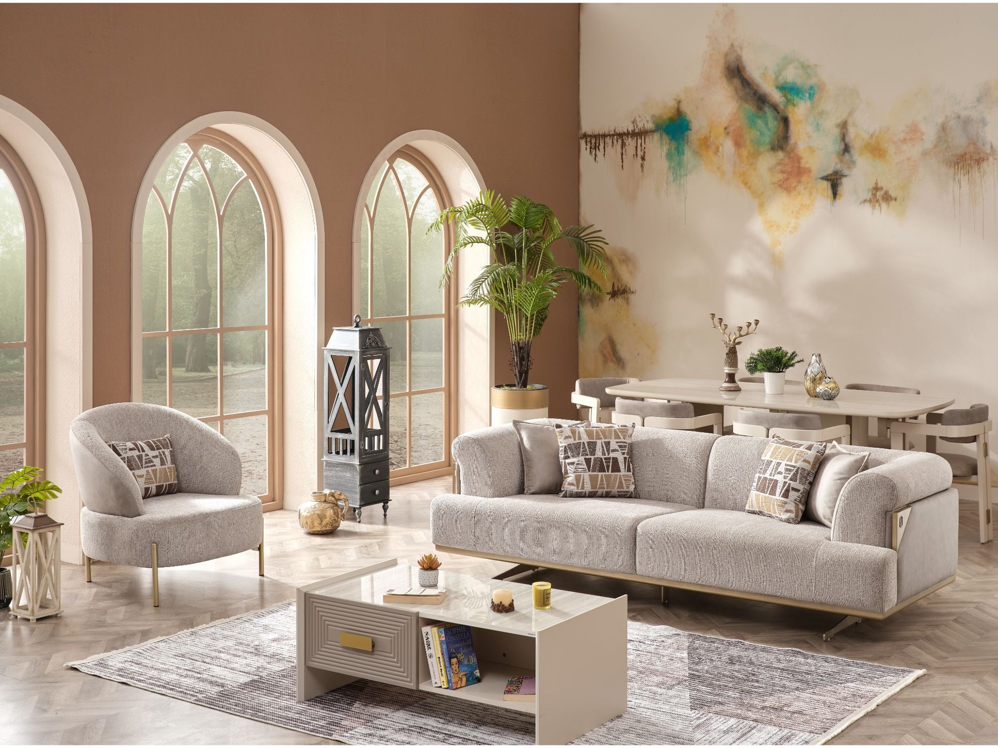 Urla 4-pieces (Sofa & Module Sofa & 2 Chair) Livingroom Set Cream
