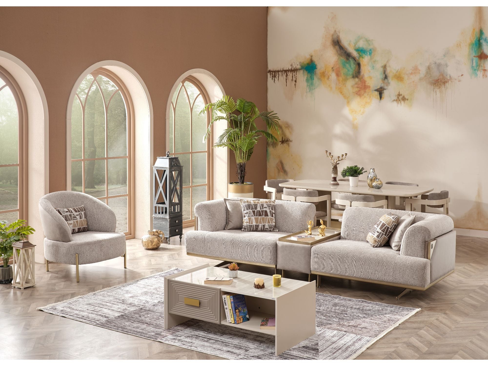 Urla 4-pieces (Sofa & Module Sofa & 2 Chair) Livingroom Set Cream