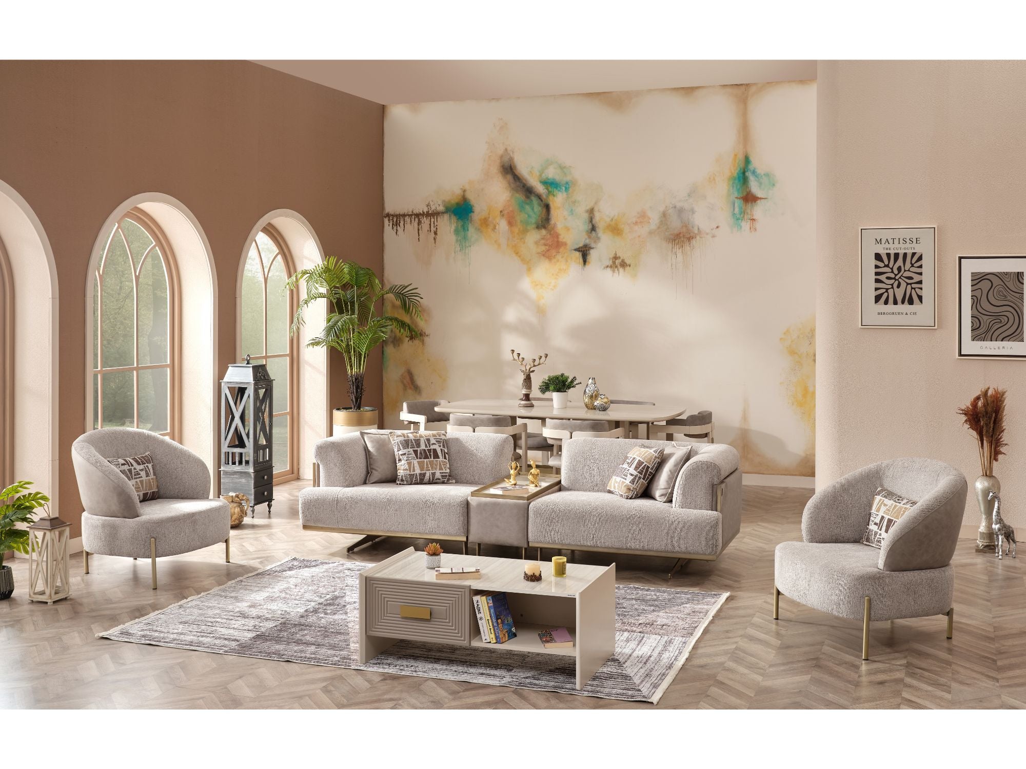 Urla 4-pieces (Sofa & Module Sofa & 2 Chair) Livingroom Set Cream