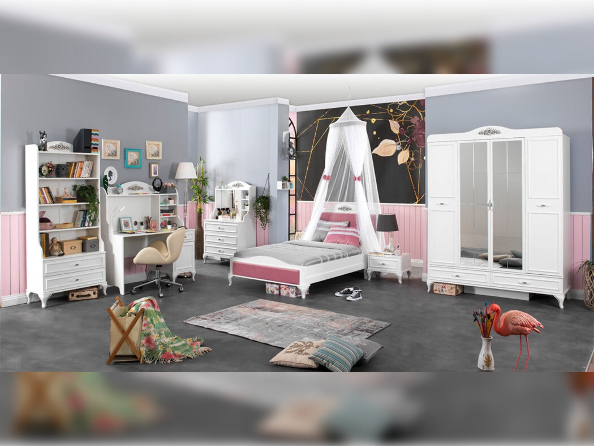 Angle Kids Room Set (Twin Bed & Bunkbed & 2 Bookcases & Study Desk & Nightstand & Chiffonier With Mirror)