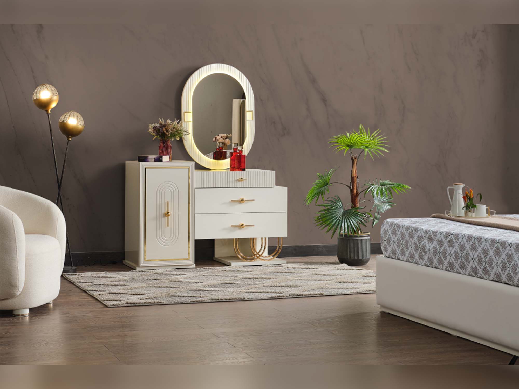 Marsel Bedroom (Queen Storage Bed With Headboard & Dresser With Mirror & 2 Nightstand With Back Part)