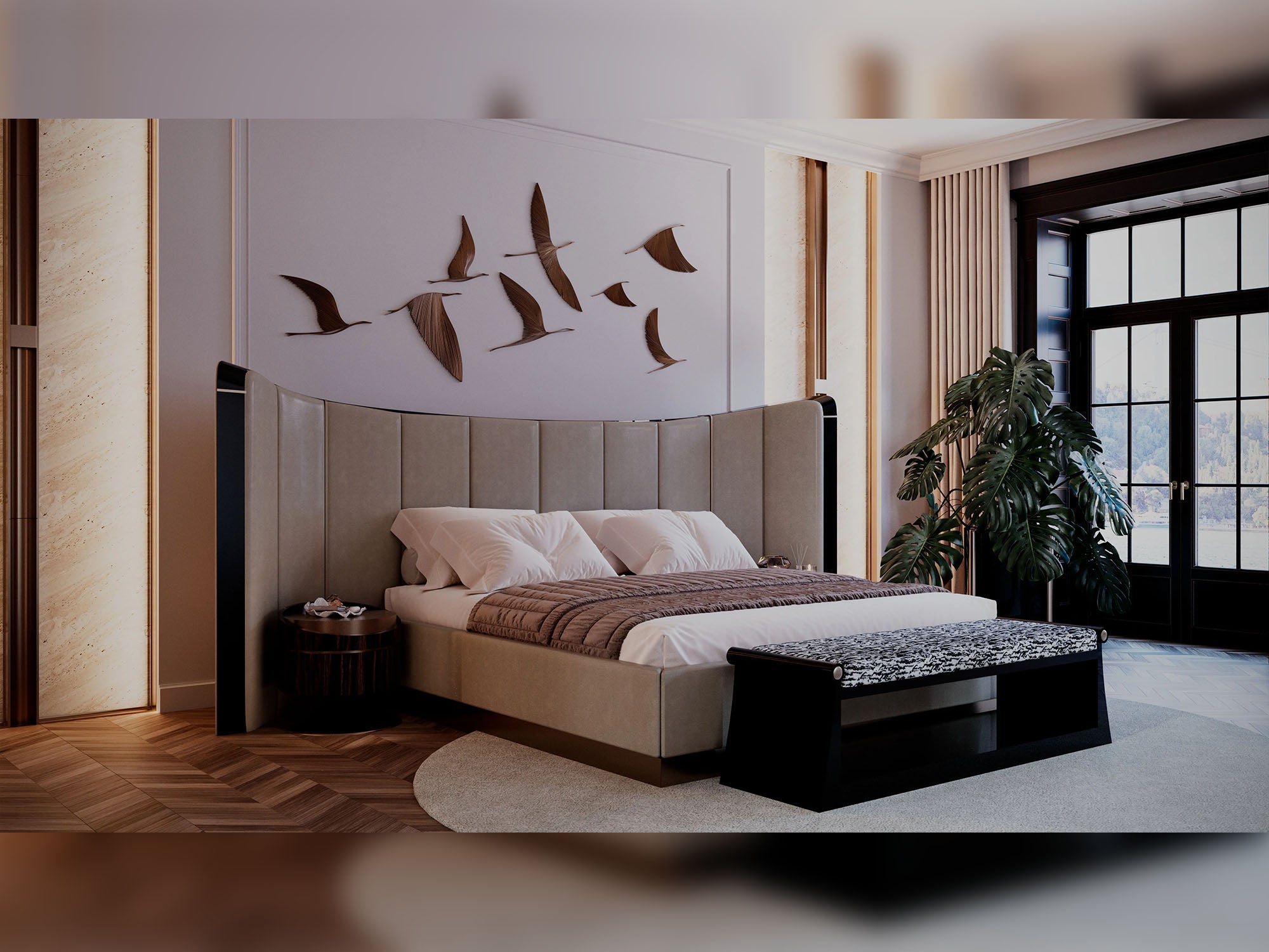 Anka Bedroom (Queen Frame With Headboard & Dresser With Mirror & 2 Nightstand & Bench)