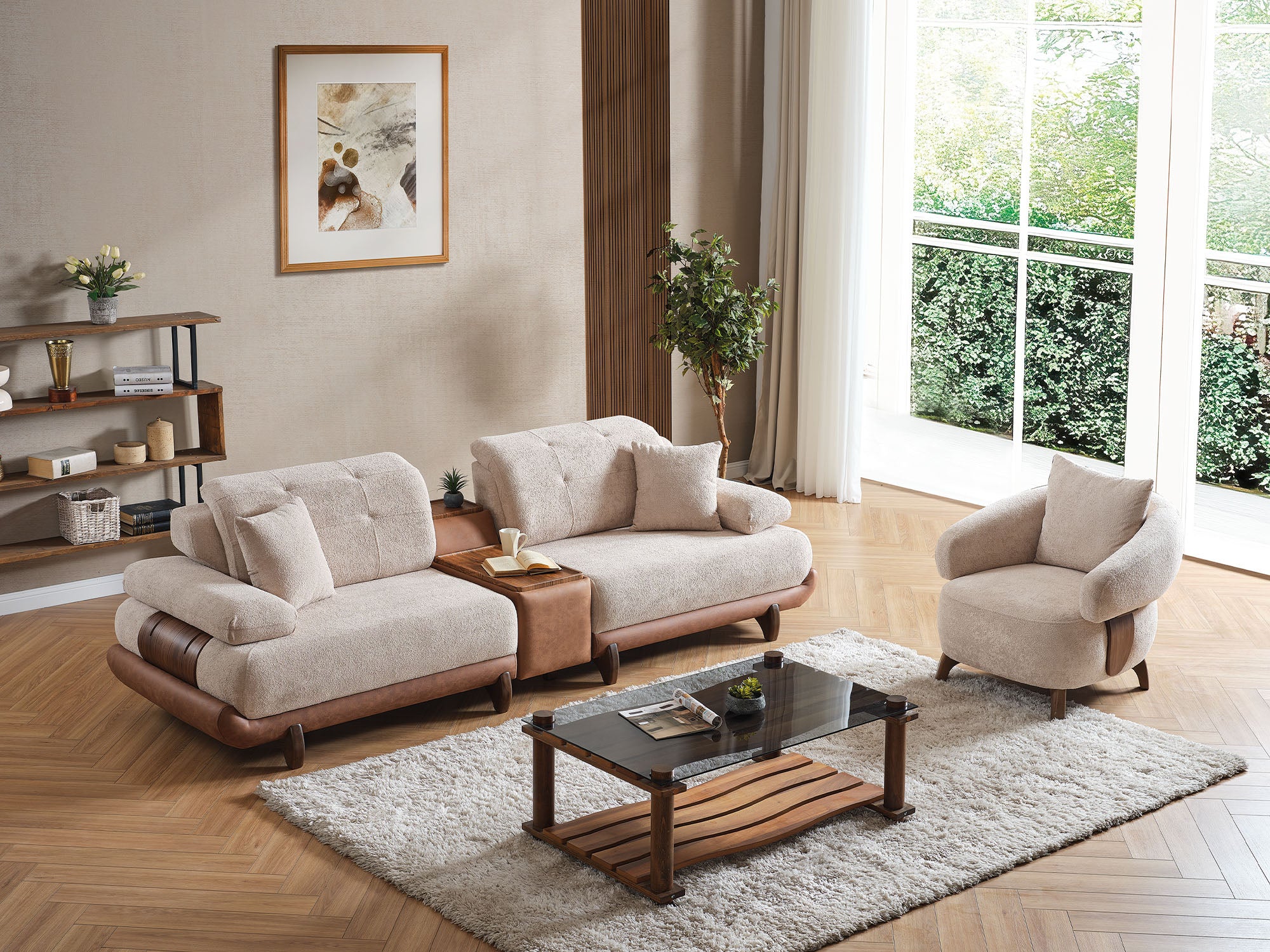 Alexa 4-pieces (Sofa & Module Sofa & 2 Chair) Livingroom Set Cream