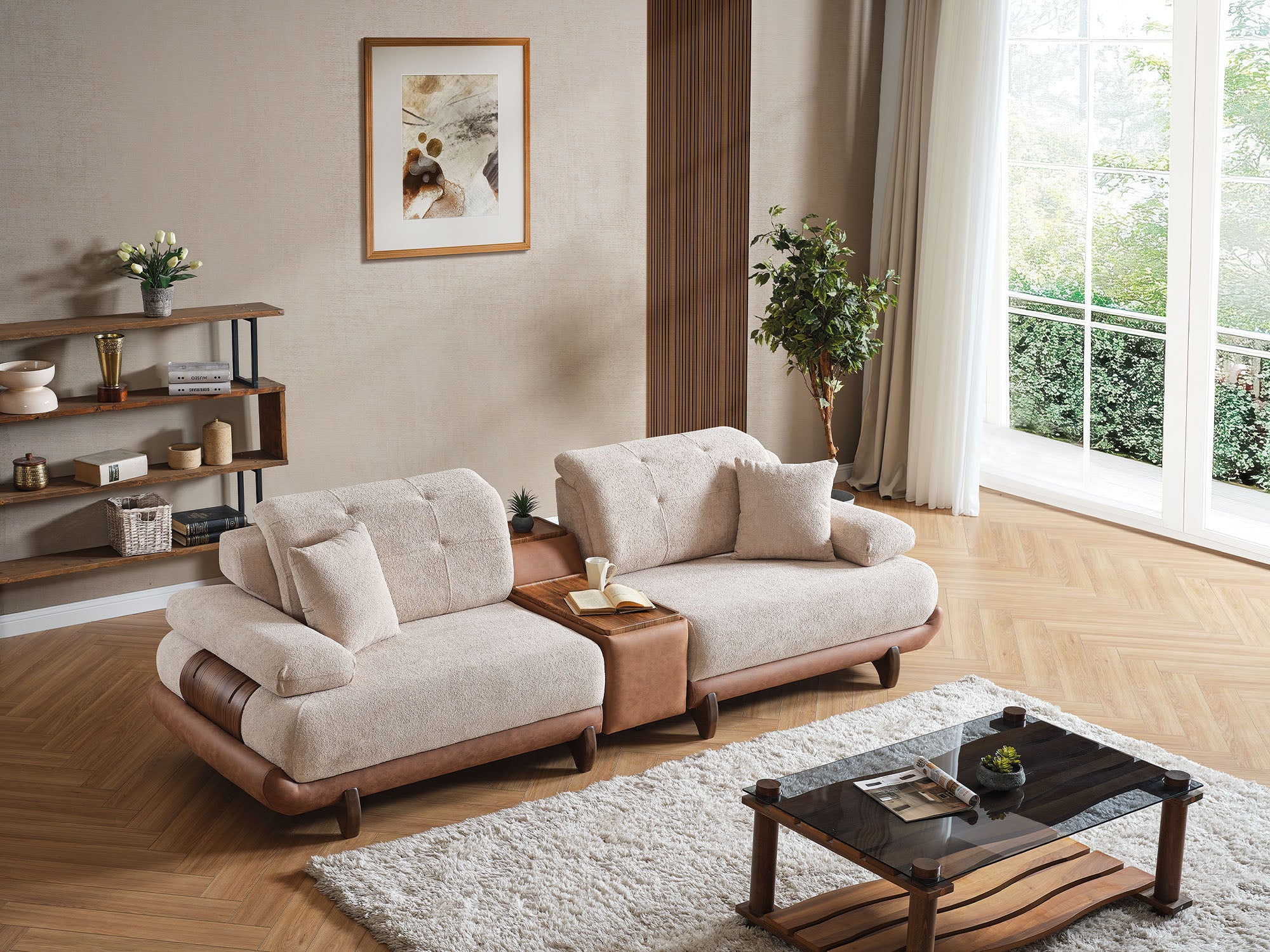 新品未使用⭐︎SALAFE+ 2個セット Alexa 4-pieces (Sofa & Module Sofa & 2 Chair) Livingroom Set Cream