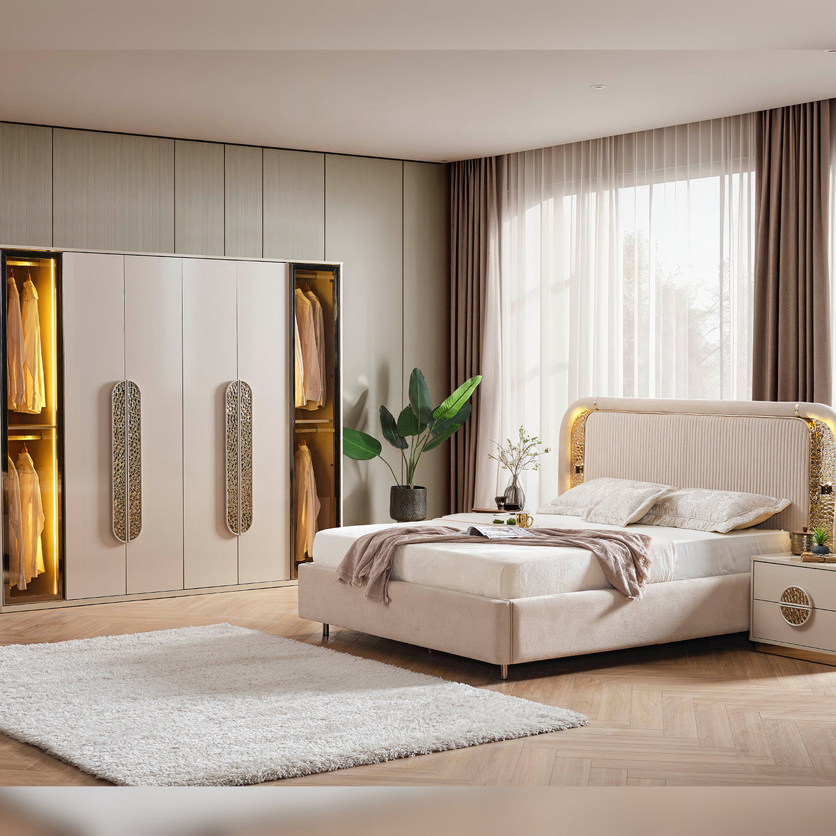 modern master bedroom dresser Armoni Elf (Queen Frame With Headboard & With Mirror & Kai Brown 6-Drawer Wood Each drawer 36 mo Size/Width:7.5 Medium