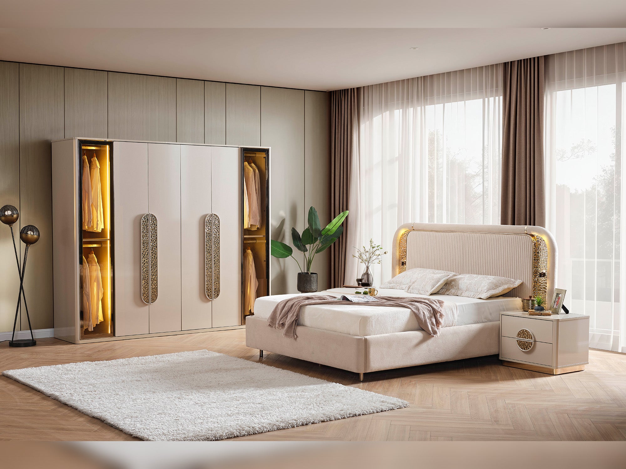 Armoni Elf Bedroom (Queen Frame With Headboard & Dresser With Mirror & Ottoman & 2 Nightstand)