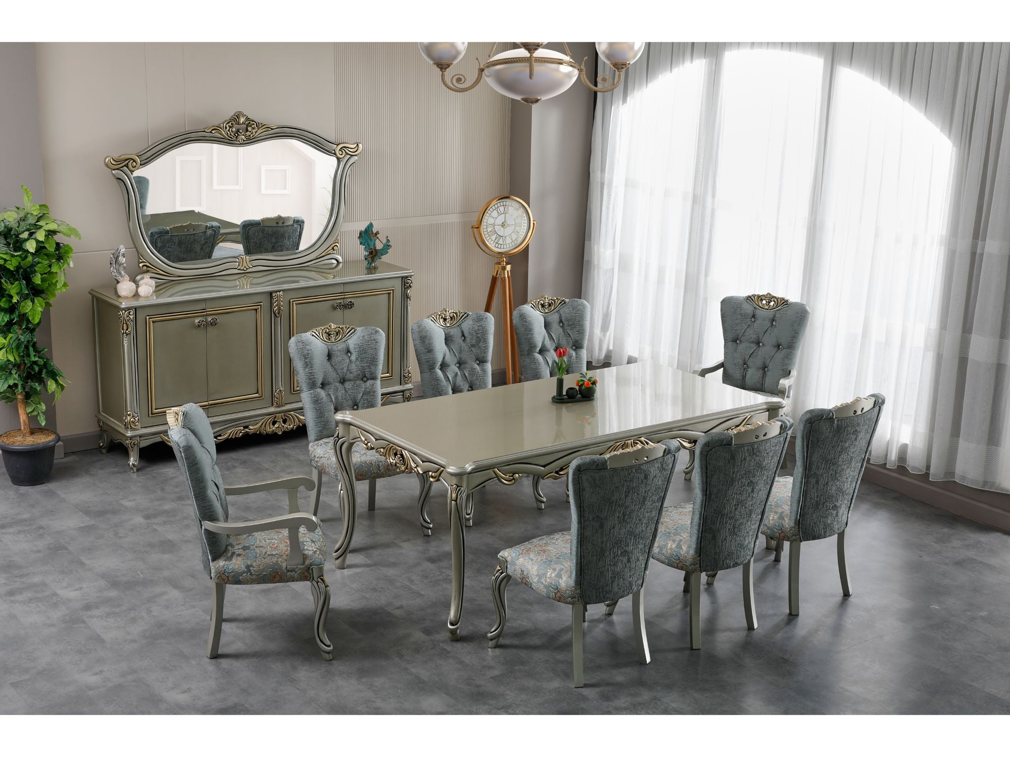 Buse Diningroom (Consol With Mirror & Dining Table & 2 Arm Chair & 4 Chair) Light Green