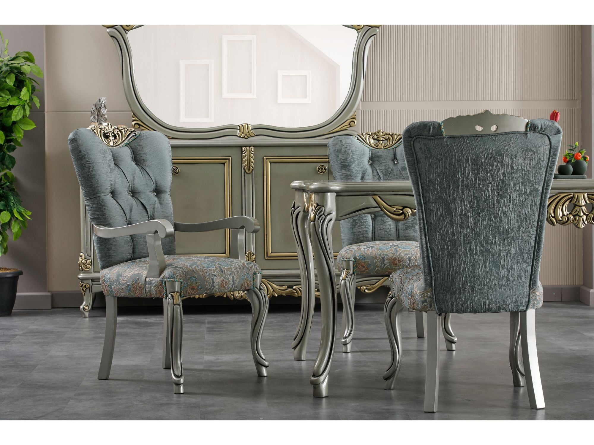 Buse Diningroom (Consol With Mirror & Dining Table & 2 Arm Chair & 4 Chair) Light Green