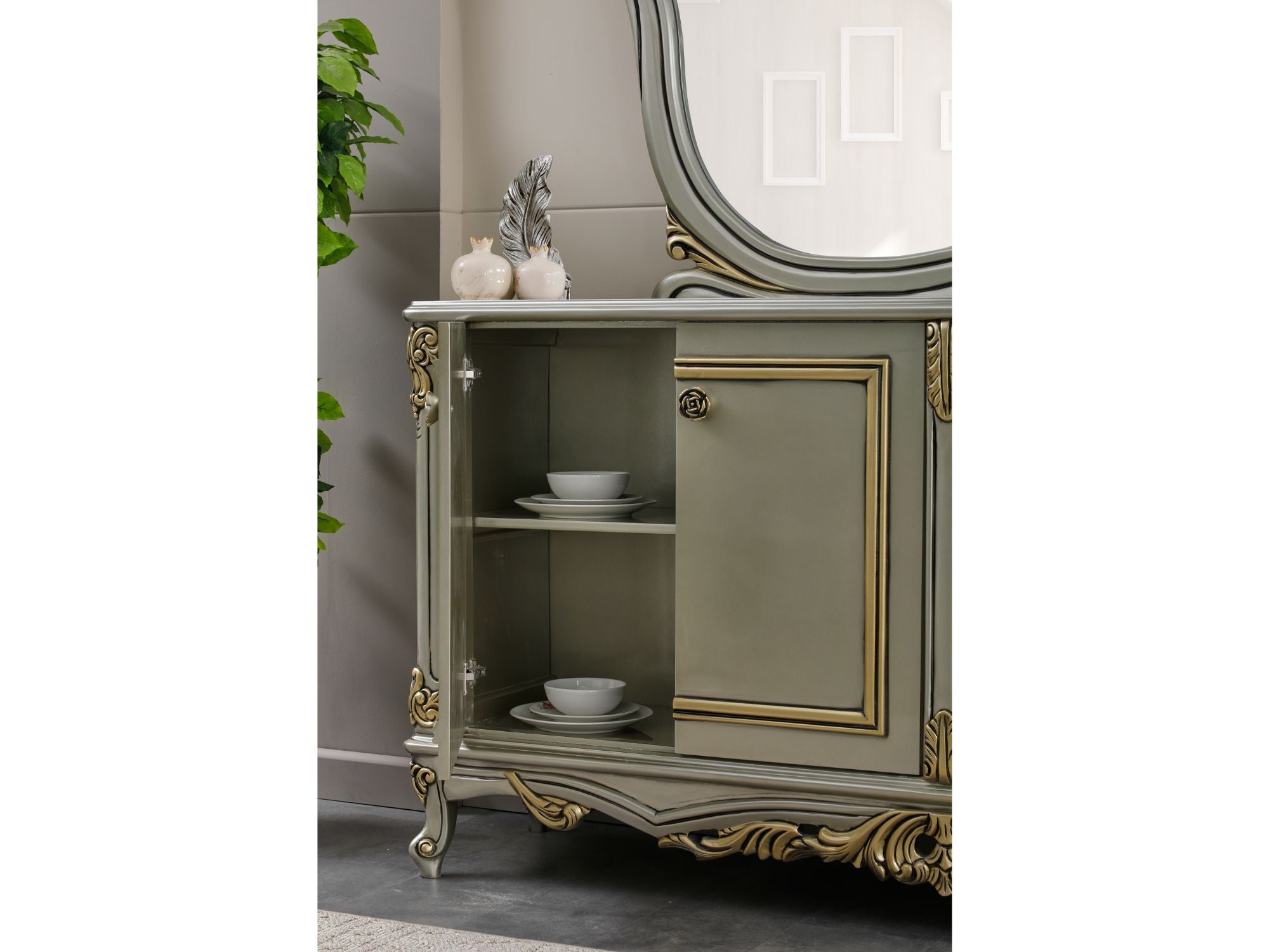 Buse Diningroom (Consol With Mirror & Dining Table & 2 Arm Chair & 4 Chair) Light Green