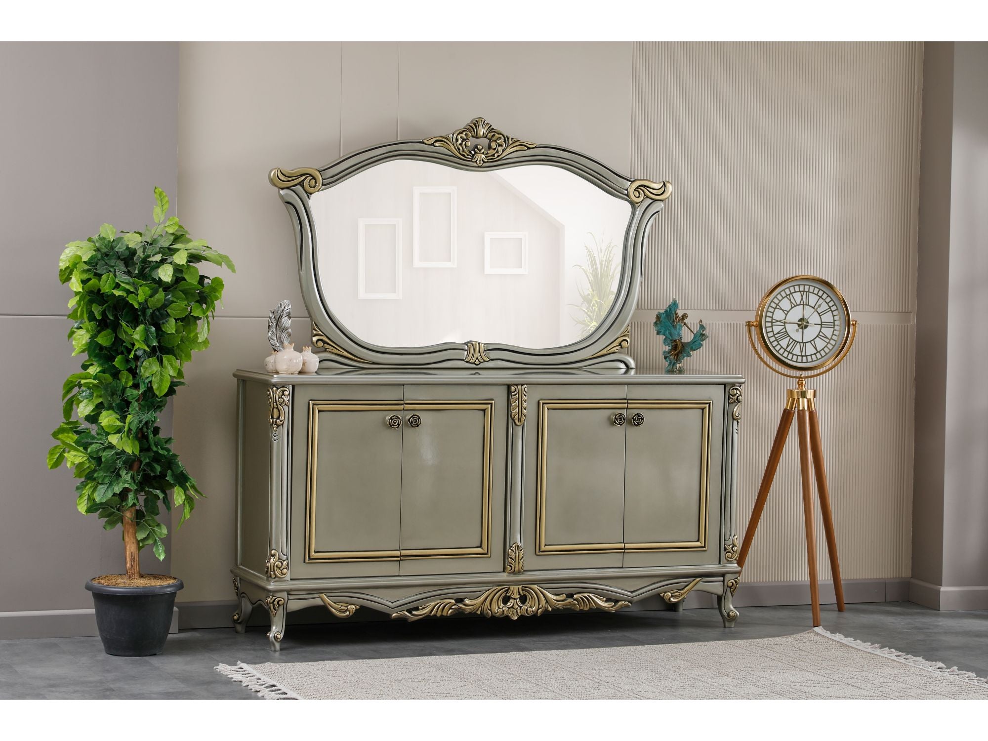 Buse Diningroom (Consol With Mirror & Dining Table & 2 Arm Chair & 4 Chair) Light Green